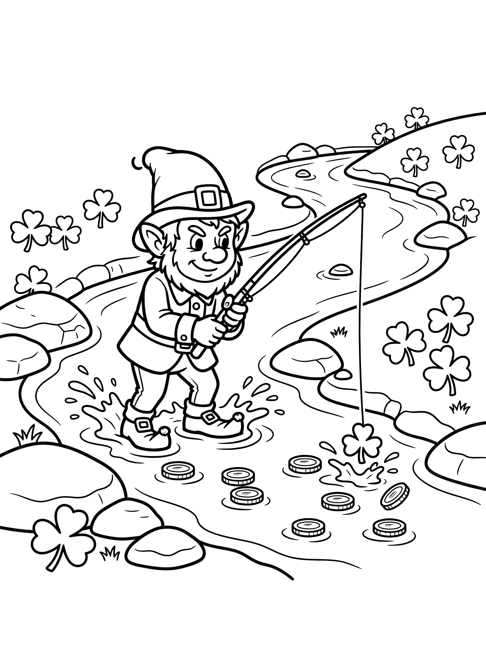 Leprechaun in green hat and clothes fishing gold coins from a winding stream lined with rocks and shamrocks, black and white line art coloring page
