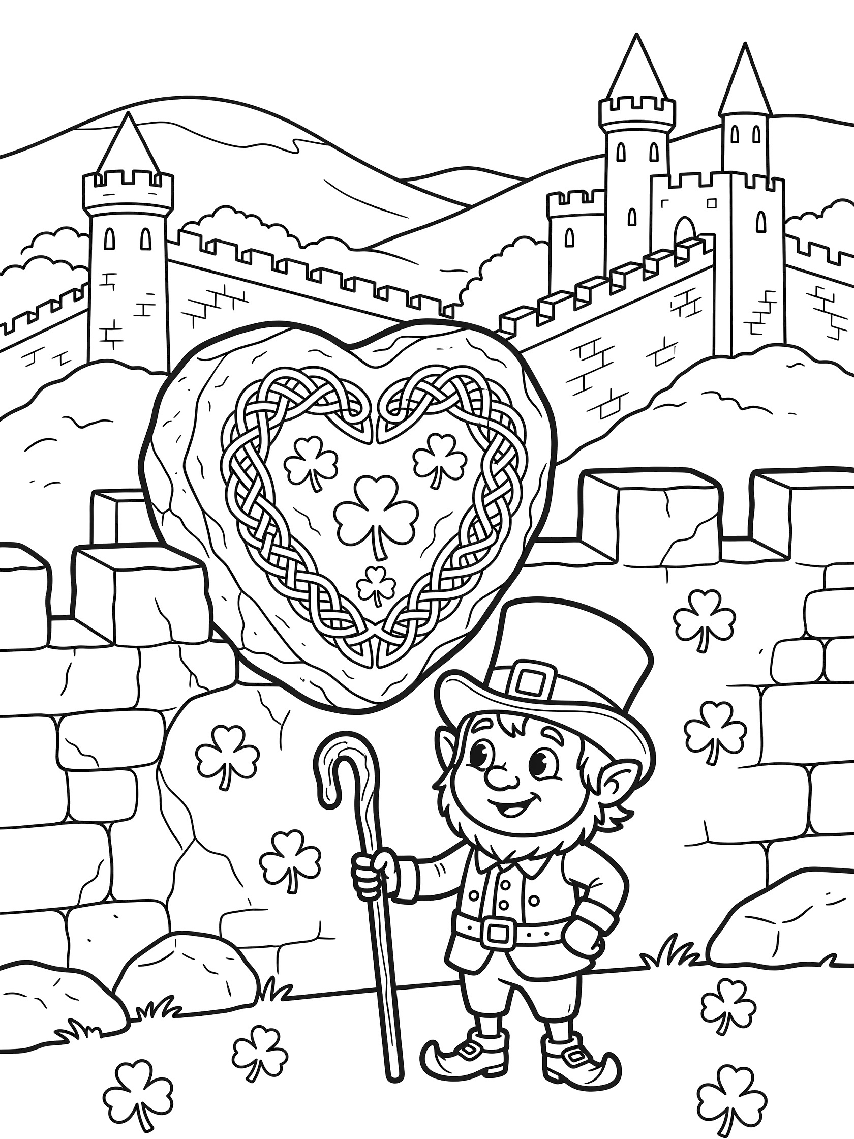 Black and white line art coloring page showing a leprechaun with shillelagh guarding the large heart-shaped Blarney Stone in a castle wall, with shamrocks and background towers and hills.
