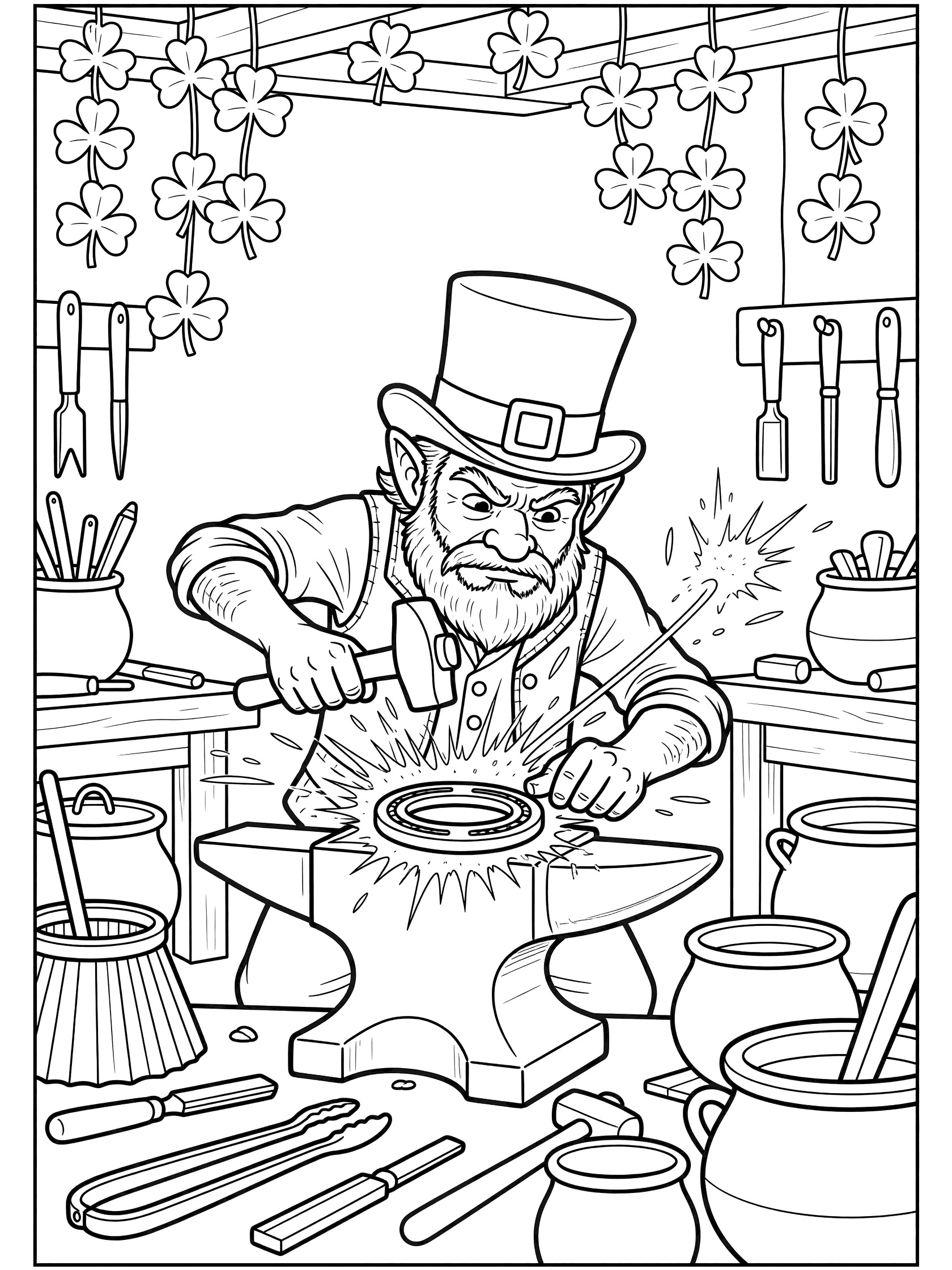 Leprechaun in green hat and vest hammering glowing horseshoe on anvil with sparks flying in a workshop full of tools and shamrocks coloring page