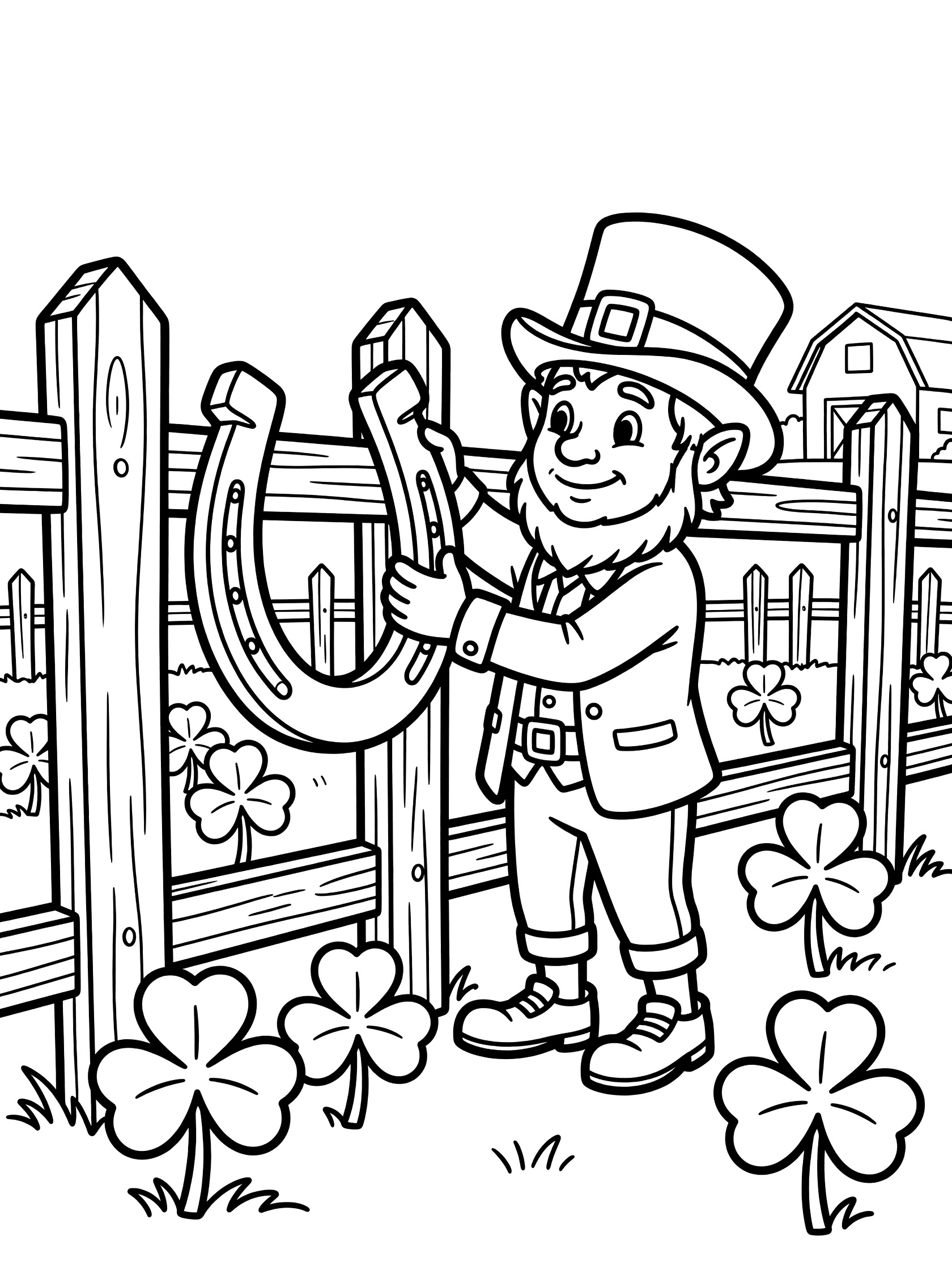 Black and white line art of a leprechaun in hat and vest hanging a large horseshoe on a wooden fence with clovers at his feet
