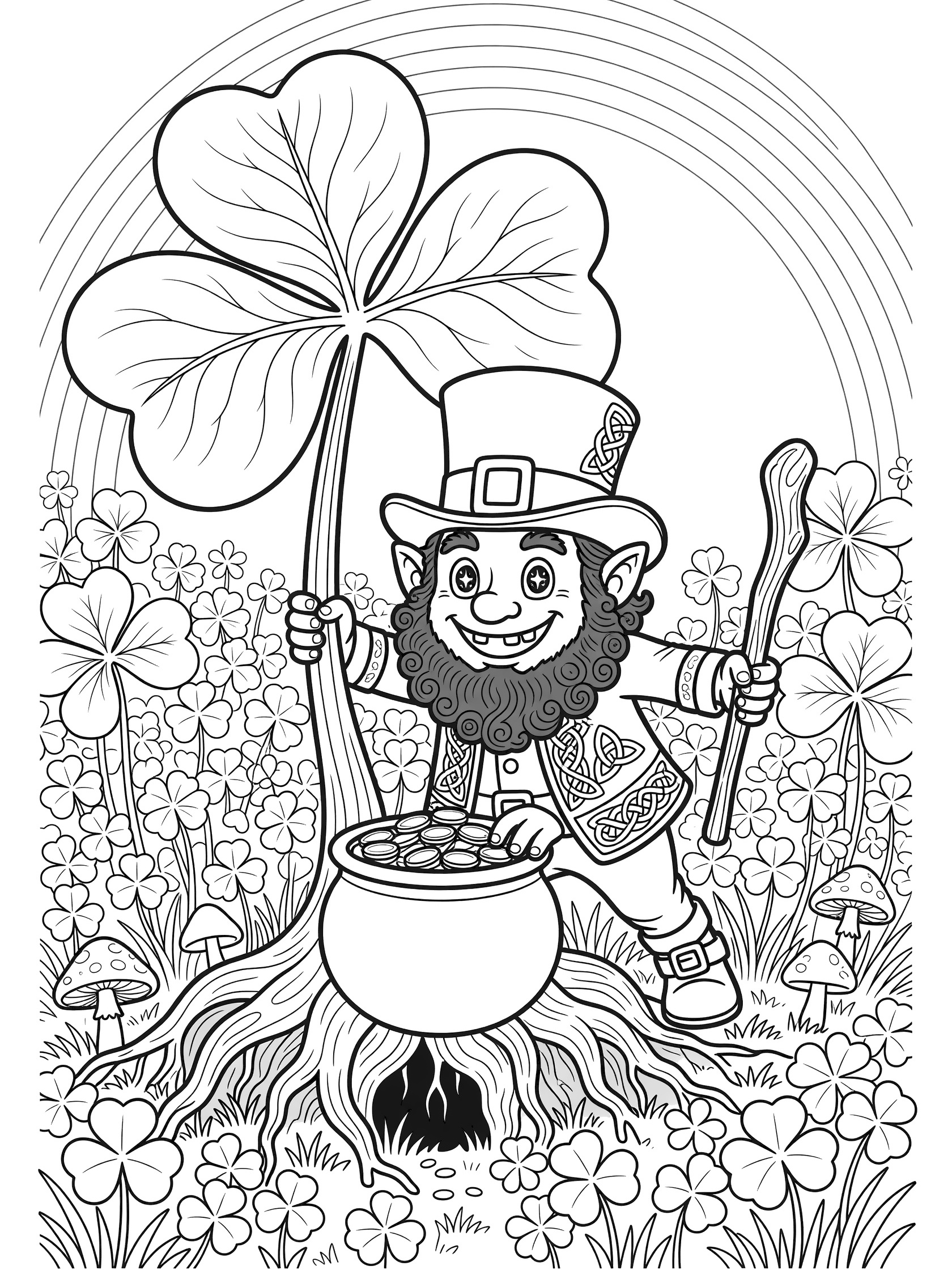 Cartoon leprechaun with hat, beard and shillelagh hiding pot of gold behind large four-leaf shamrock in clovery meadow coloring page
