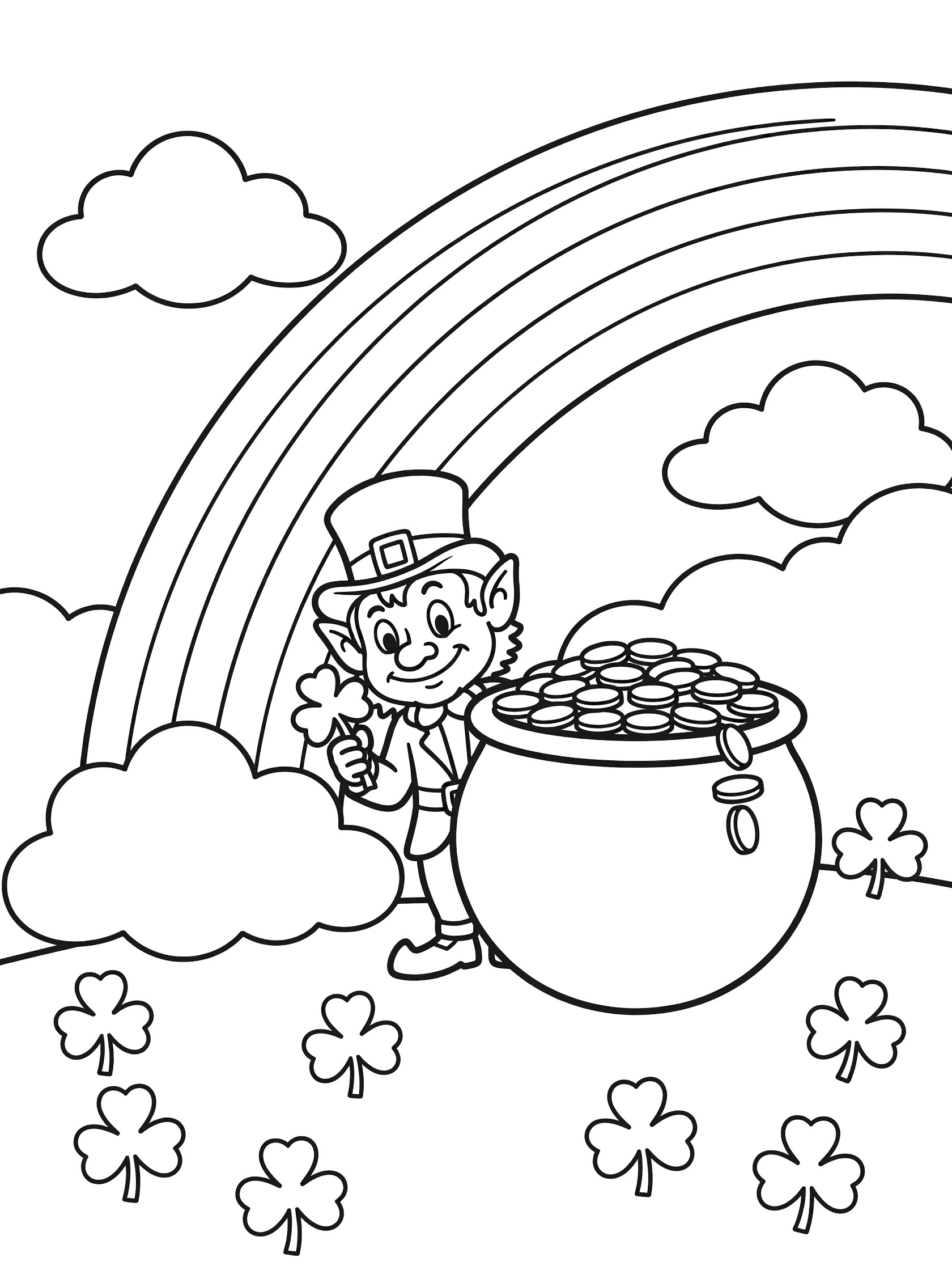 Black and white line art coloring page showing a leprechaun hiding behind a large pot overflowing with gold coins at the rainbow's end, with shamrock, clovers, and fluffy clouds.