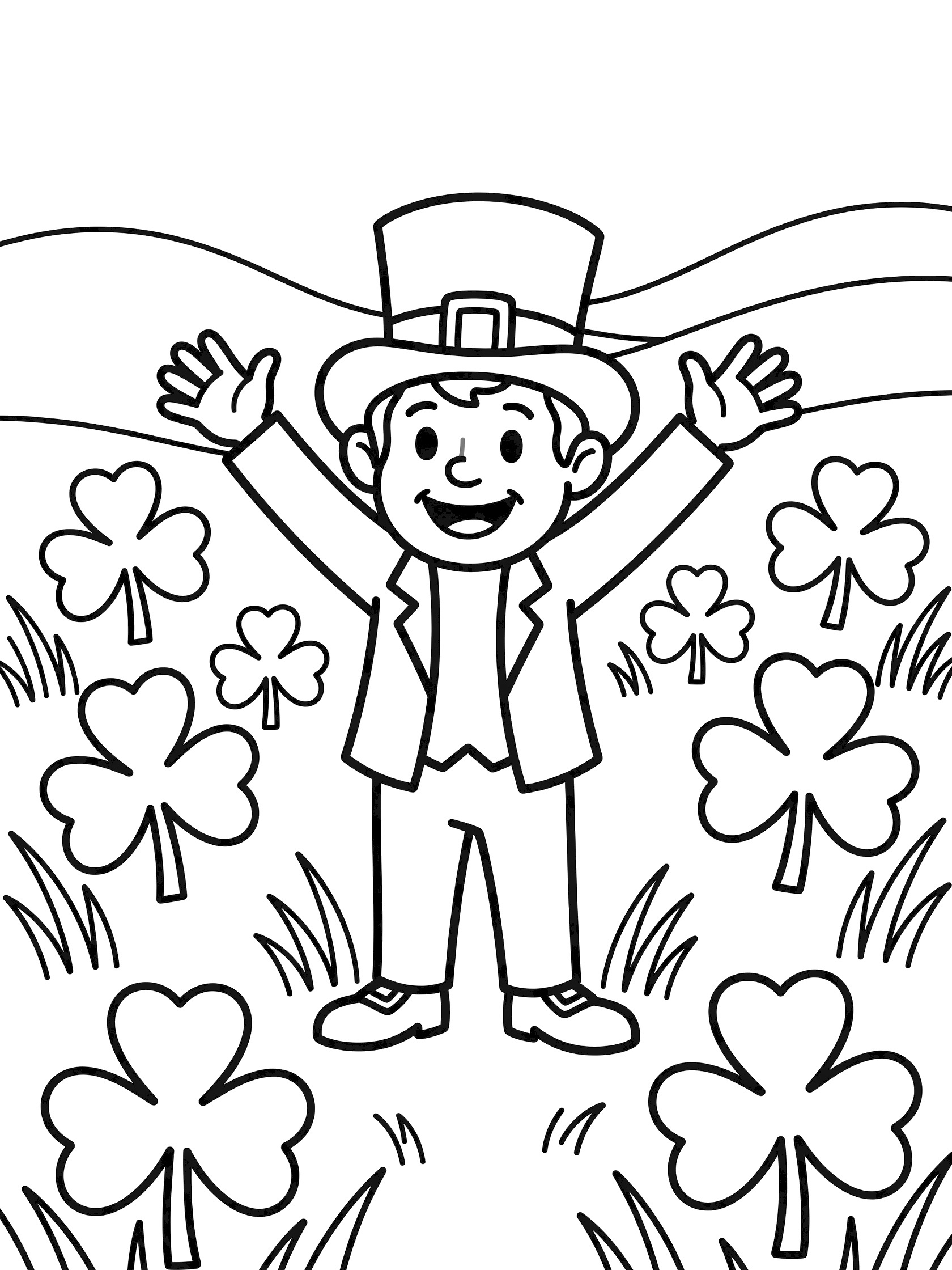 Black and white line art coloring page showing a smiling leprechaun in a green top hat, vest, pants, and shoes, arms raised, surrounded by shamrocks and grass in a meadow.