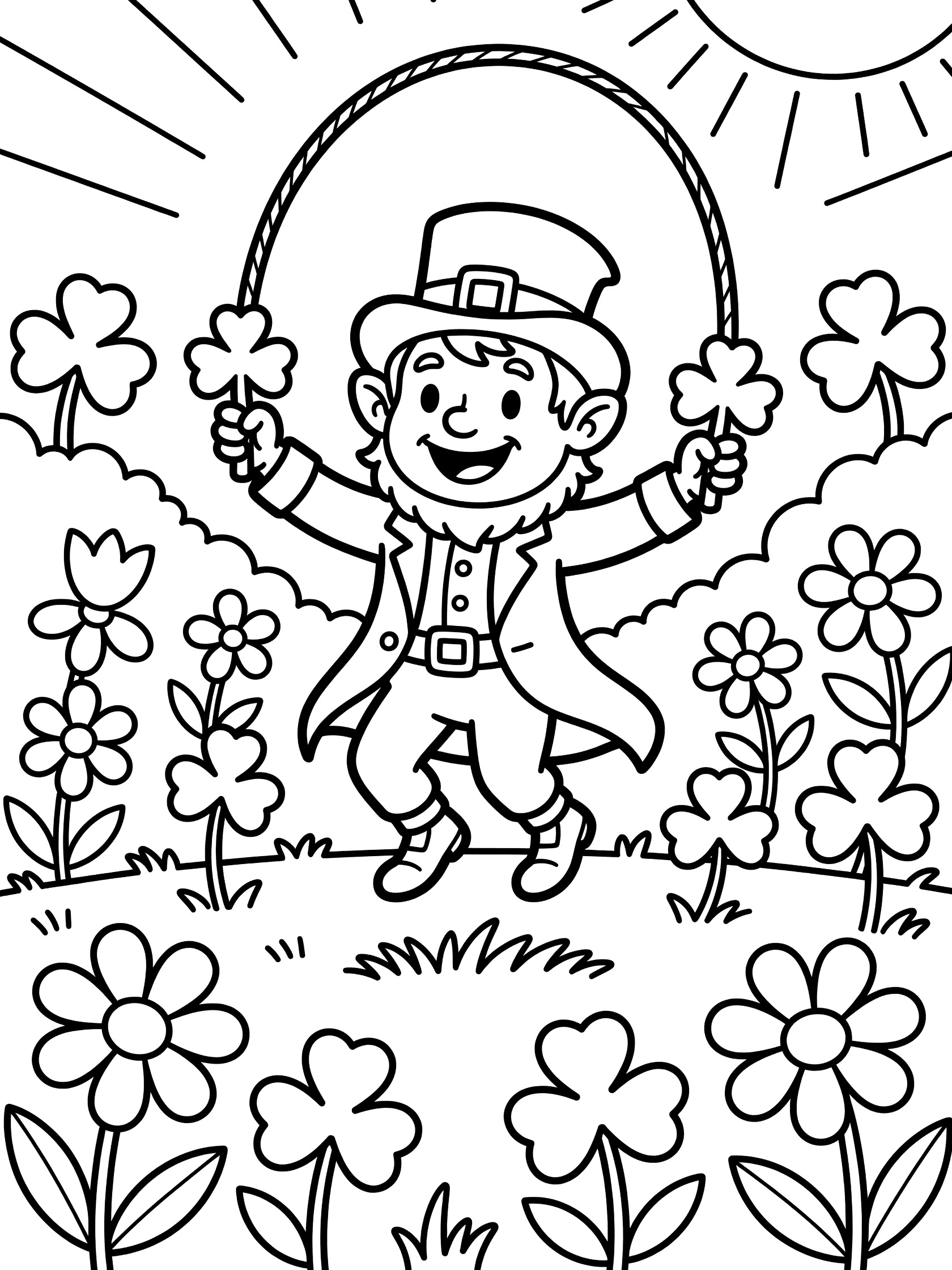 Leprechaun in green coat and hat jumping rope with shamrock handles, surrounded by clovers, flowers, and sunshine in a printable coloring page