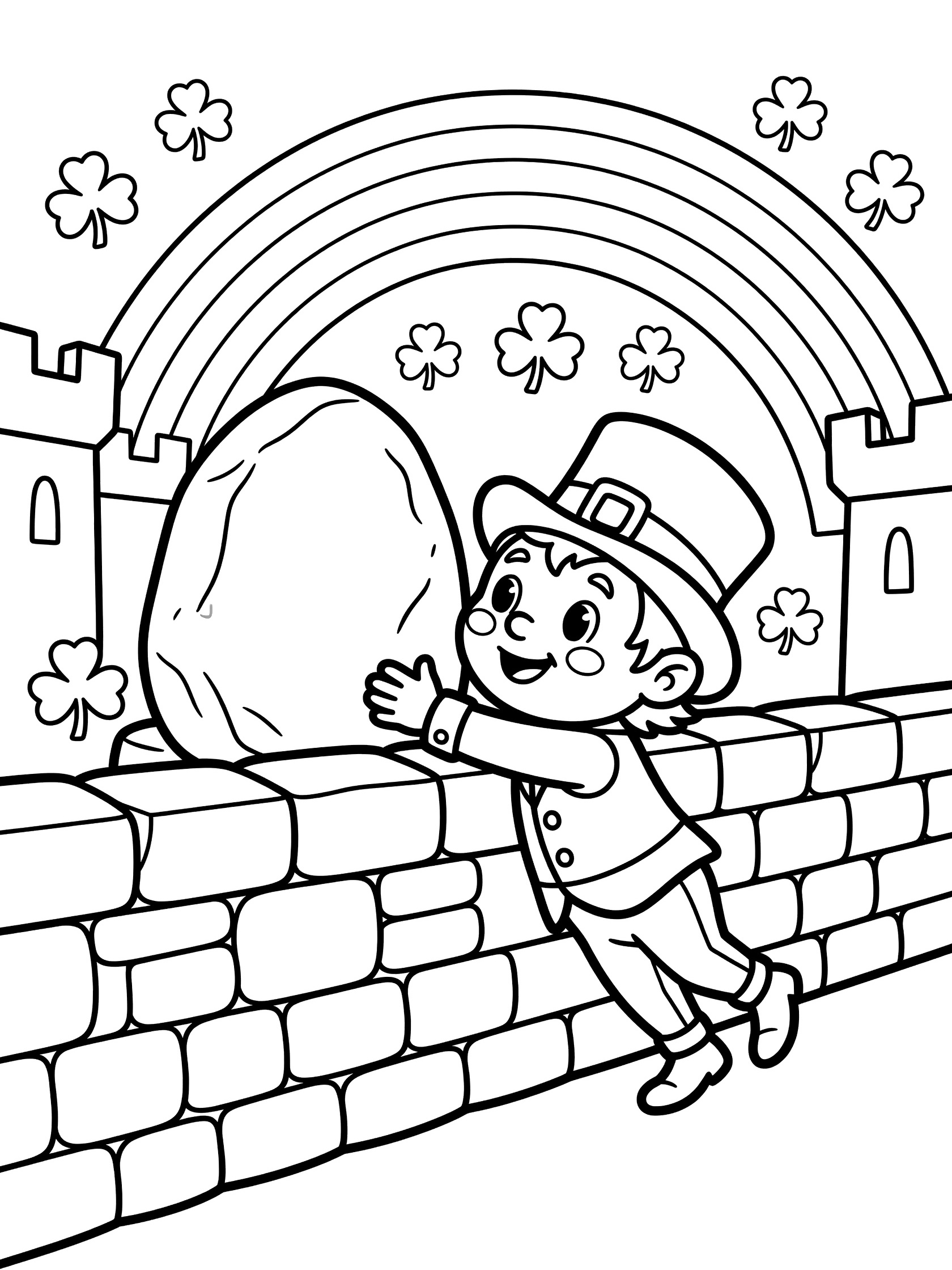 Cartoon leprechaun in green hat leaning over stone wall to kiss the Blarney Stone, with shamrocks, rainbow, and castle in the background.