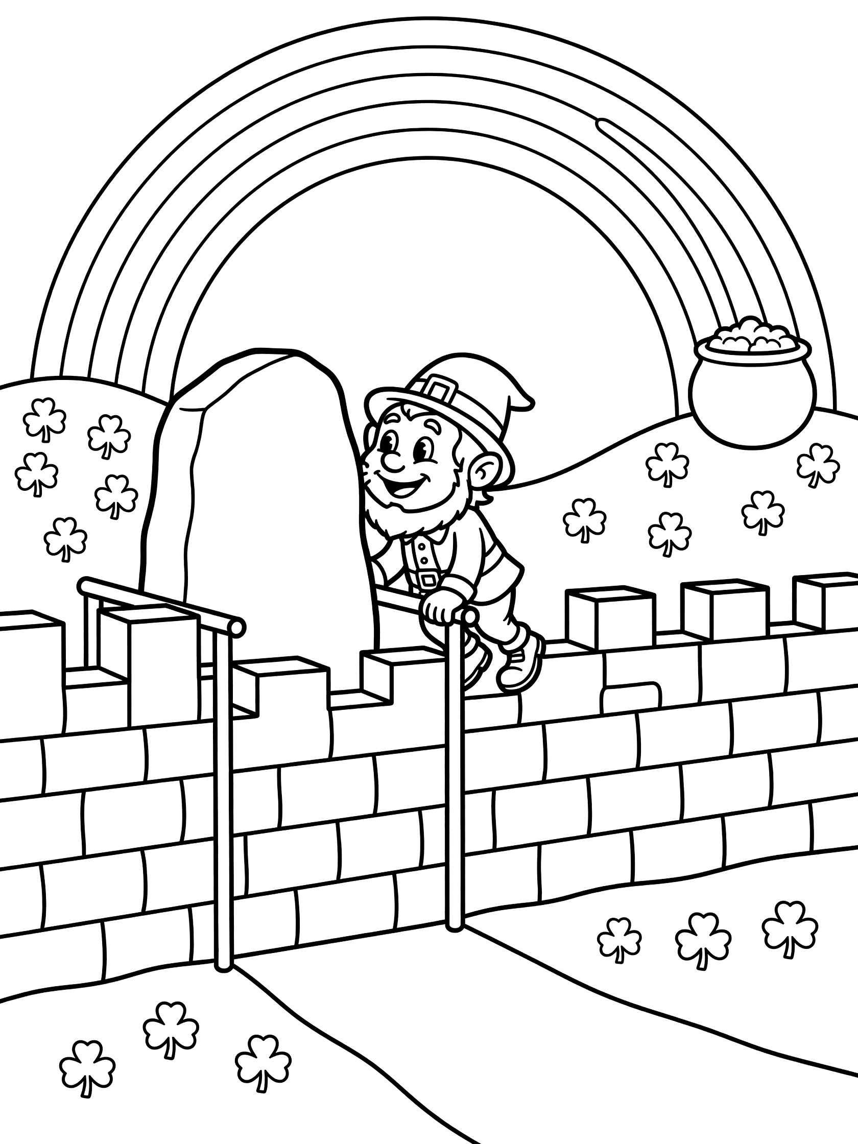 Black and white line art coloring page showing a leprechaun leaning back to kiss the rectangular Blarney Stone in a castle wall, rainbow in the sky, pot of gold on hills with shamrocks.