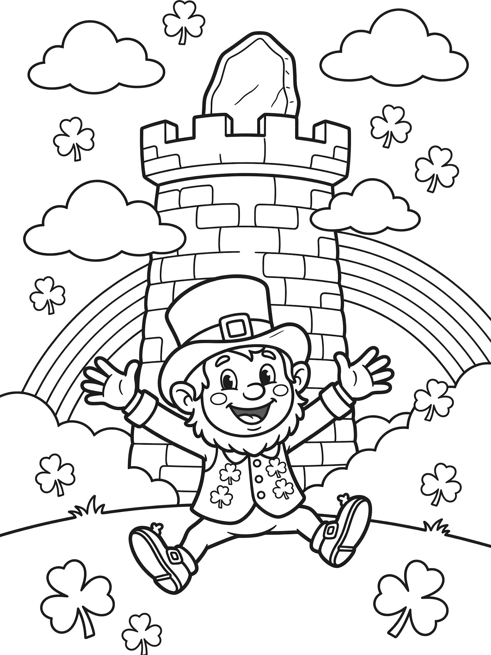 Black and white line art coloring page showing a cute leprechaun in green hat and shamrock vest leaping with arms out toward the Blarney Stone at the top of a castle tower, surrounded by shamrocks, clouds, and rainbow