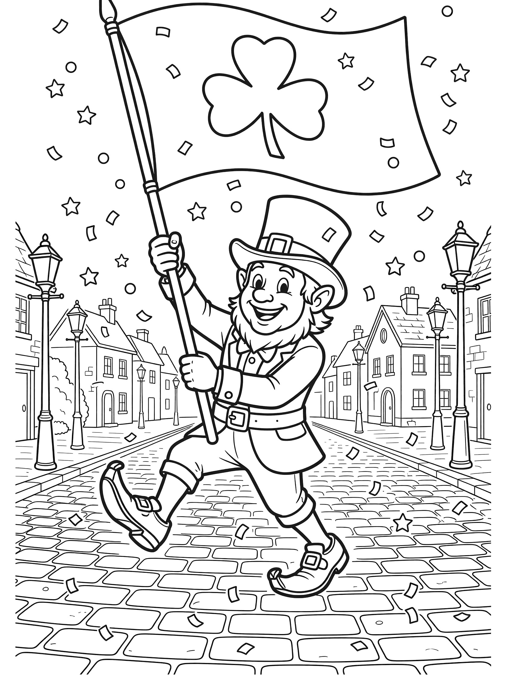 Black-and-white coloring page of a leprechaun in green hat and buckled shoes marching proudly with a shamrock banner in a village parade surrounded by confetti and lamps.