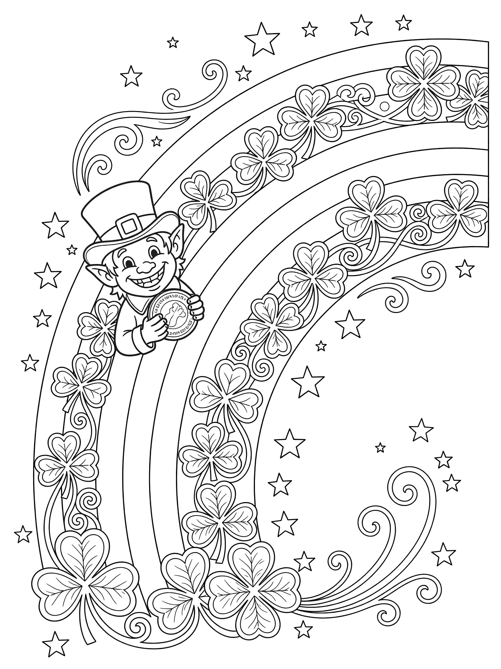 Printable coloring page showing a smiling leprechaun in a top hat peeking from behind a curved rainbow arch, clutching a large gold coin, with clover patterns, stars and swirls