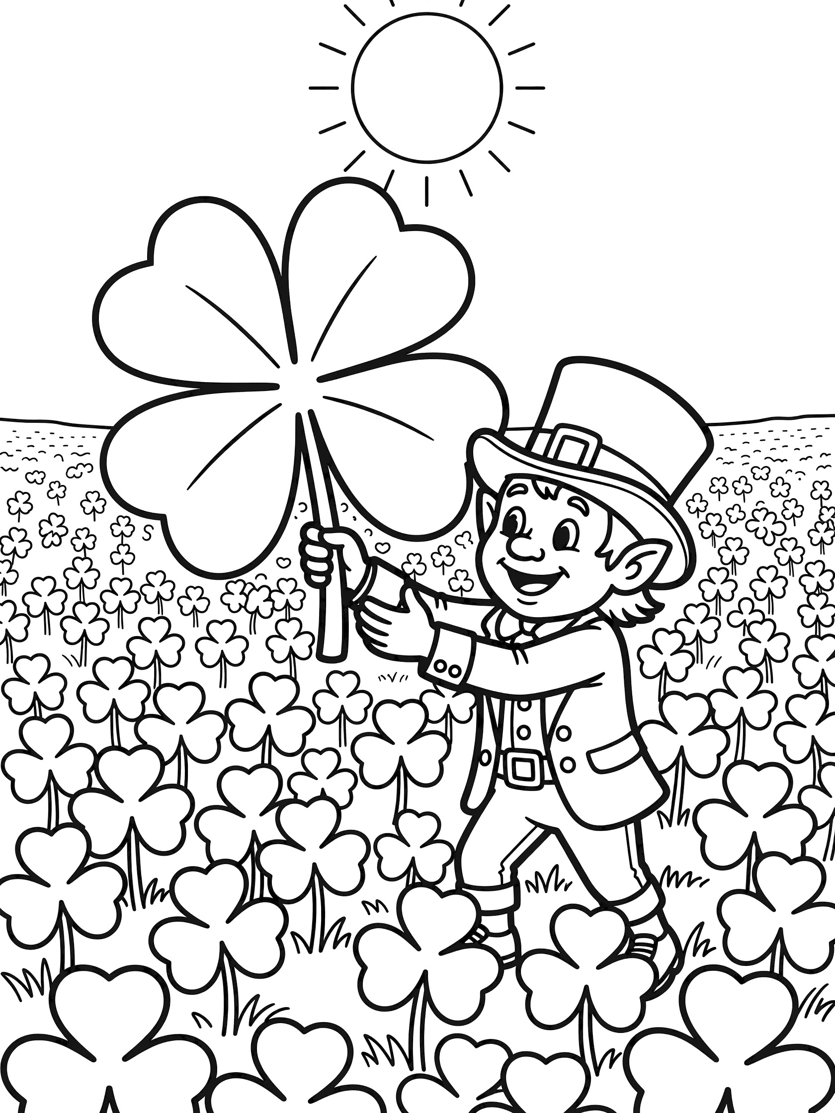 Line art coloring page showing a smiling leprechaun bending to pick a large four-leaf clover in a field of green clovers under a bright sun
