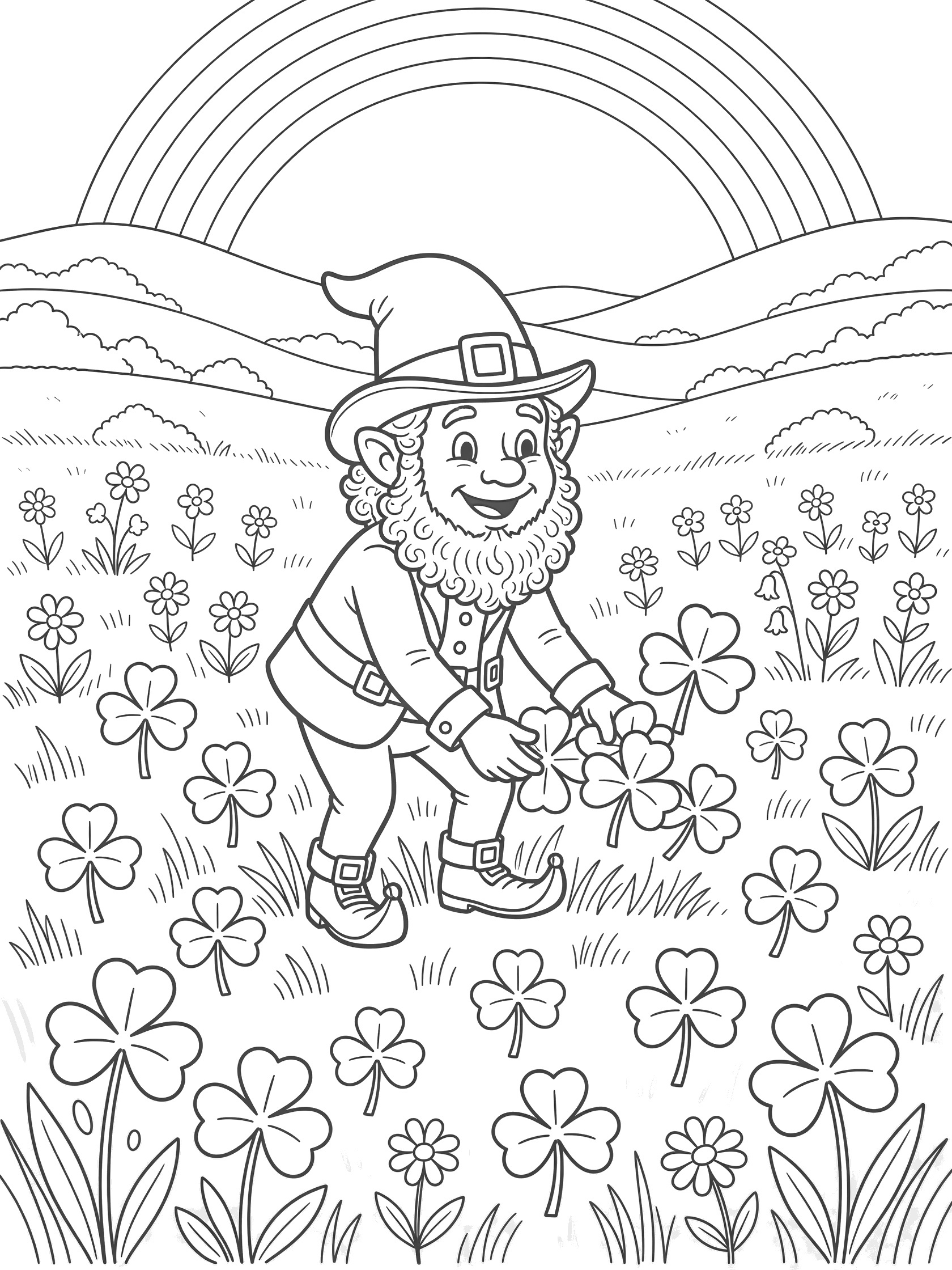 Printable coloring page showing a happy leprechaun bending to pick three-leaf shamrocks amid grass, wildflowers, rolling hills, and a rainbow in the background.