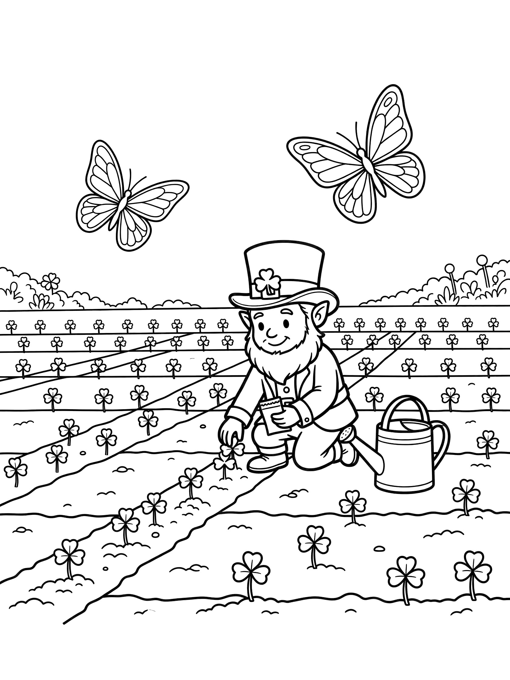 Leprechaun in green hat kneeling to plant shamrock seeds in garden rows, holding watering can with butterflies flying above