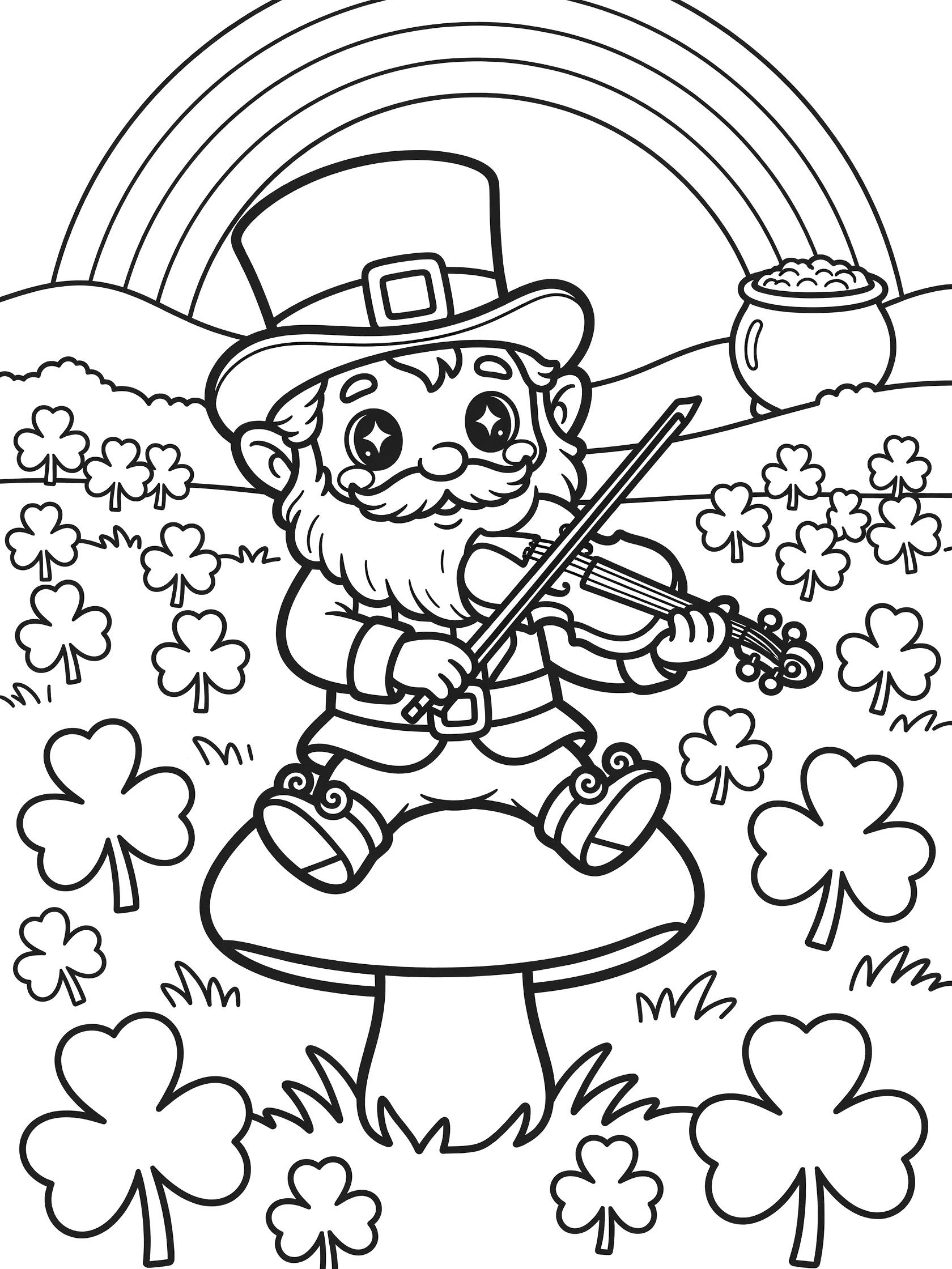 Kawaii leprechaun with big eyes and fluffy beard playing fiddle on mushroom cap surrounded by clovers, rainbow, and pot of gold in St. Patrick's Day scene