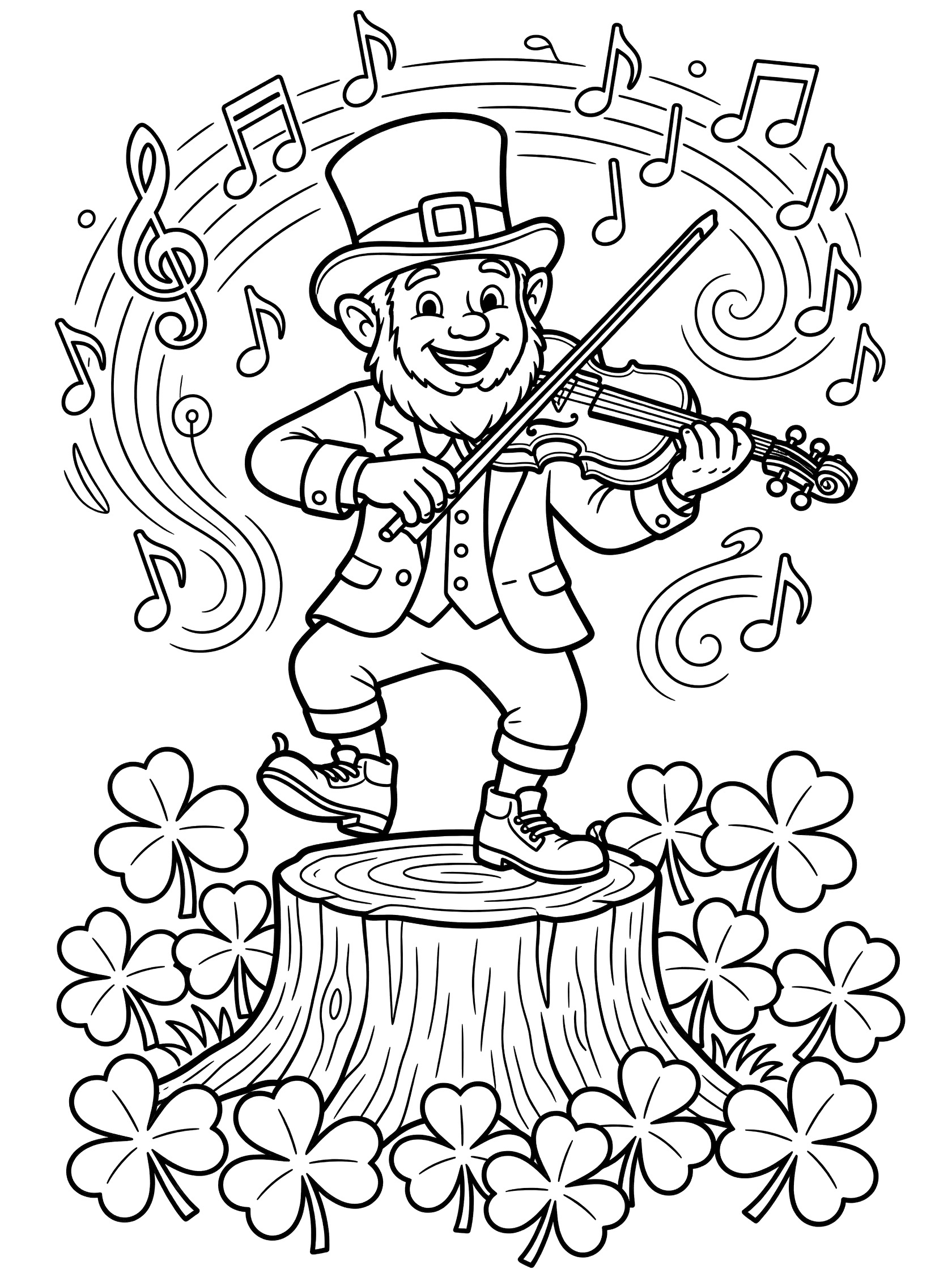 Leprechaun in green suit and hat playing fiddle while standing on stump surrounded by shamrocks and musical notes coloring page