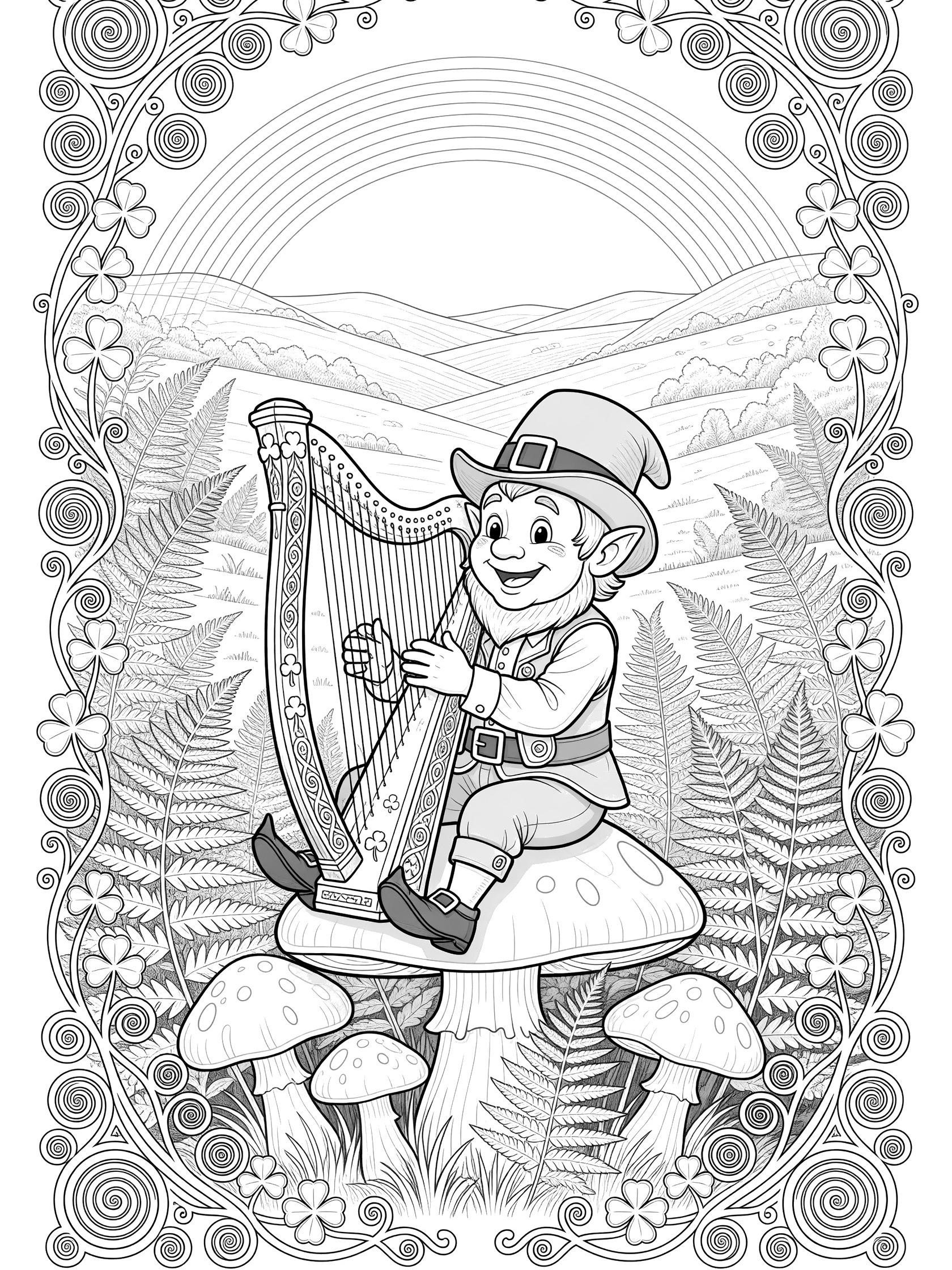 Detailed line art coloring page showing a smiling leprechaun seated on a mushroom playing an ornate Celtic harp, framed by clovers, vines, ferns, hills, and a rainbow.