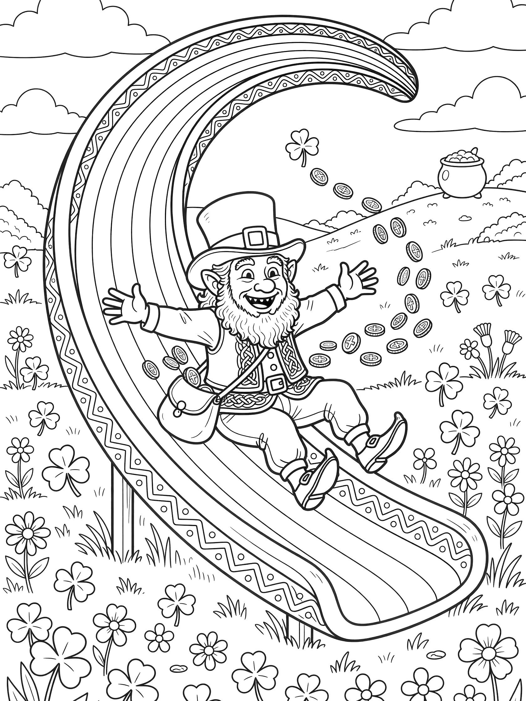 Line art coloring page showing a grinning leprechaun in green hat and vest sliding down a curving rainbow slide, with floating shamrocks, trailing gold coins, clovers, flowers, and pot of gold.