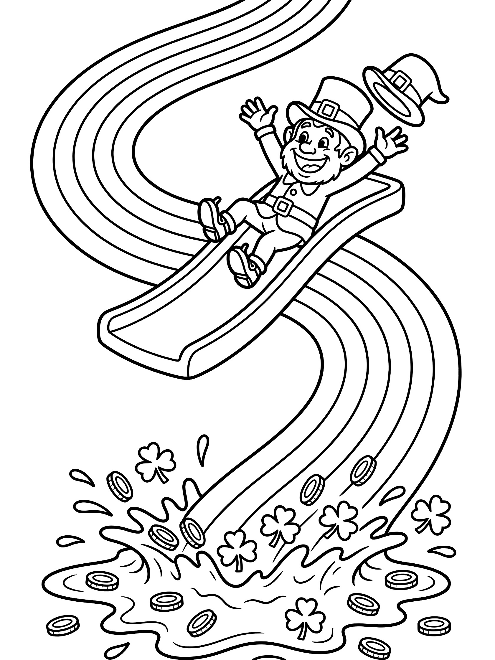 Leprechaun waving his green hat while sliding down a curvy rainbow slide into a splashing puddle full of gold coins and shamrocks, line art coloring page