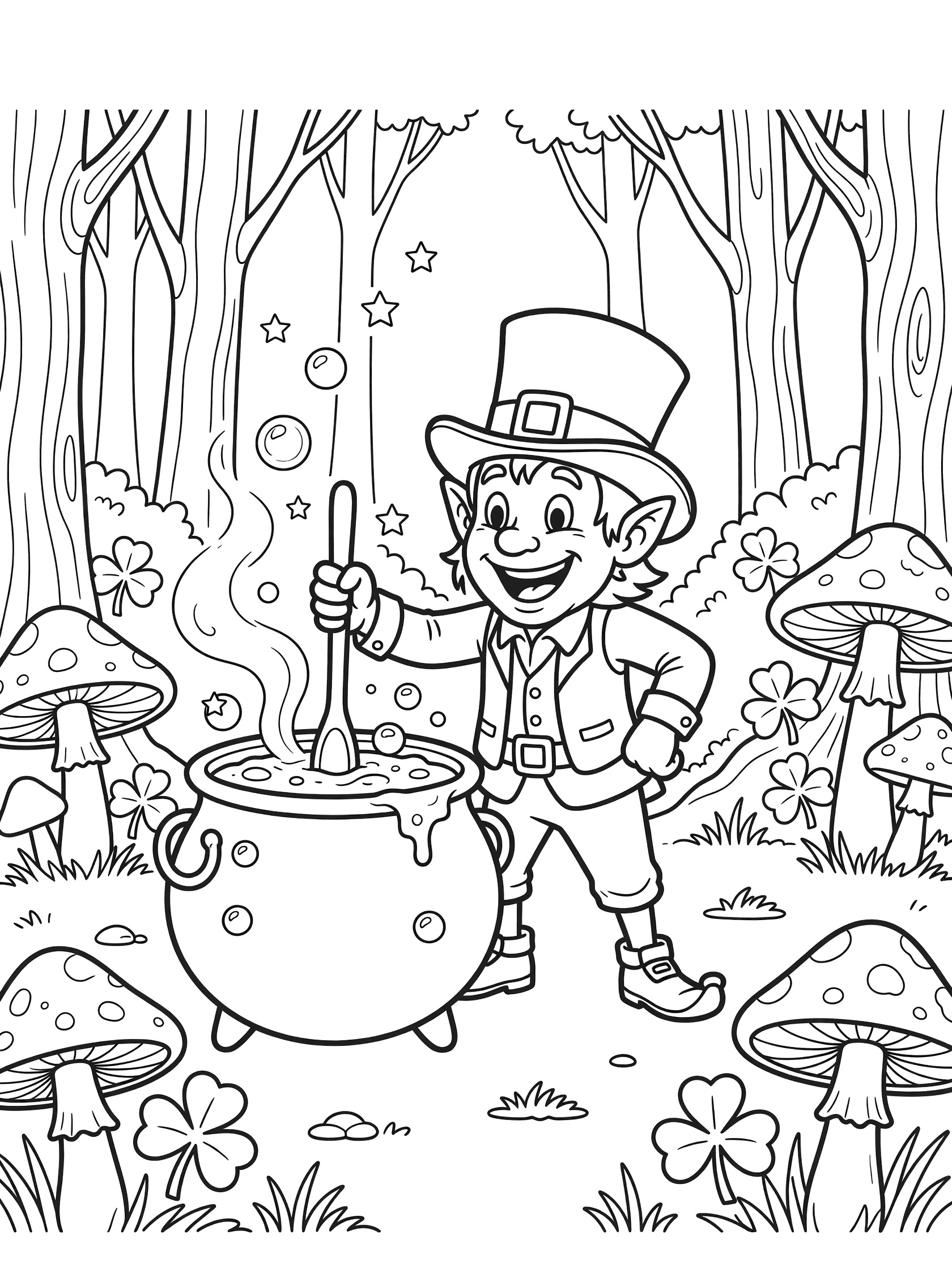 Excited leprechaun in green hat and vest stirring green potion in cauldron with wooden spoon, bubbles with stars, mushrooms and shamrocks in forest clearing coloring page