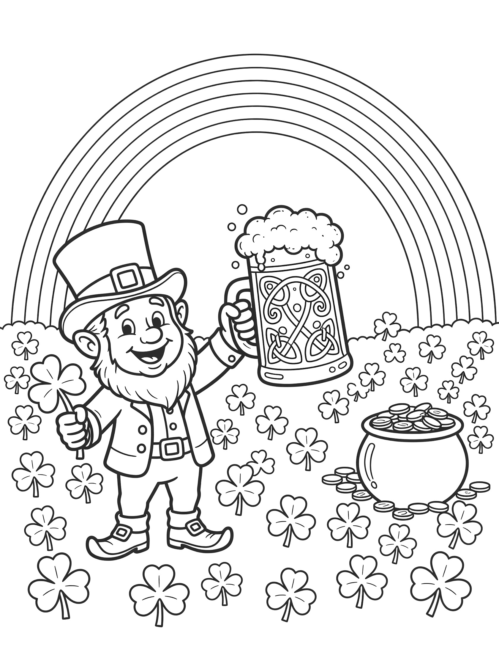 Line art coloring page showing leprechaun in green hat and vest holding foaming beer stein with swirling Celtic knots, surrounded by clovers, rainbow, and pot of gold.