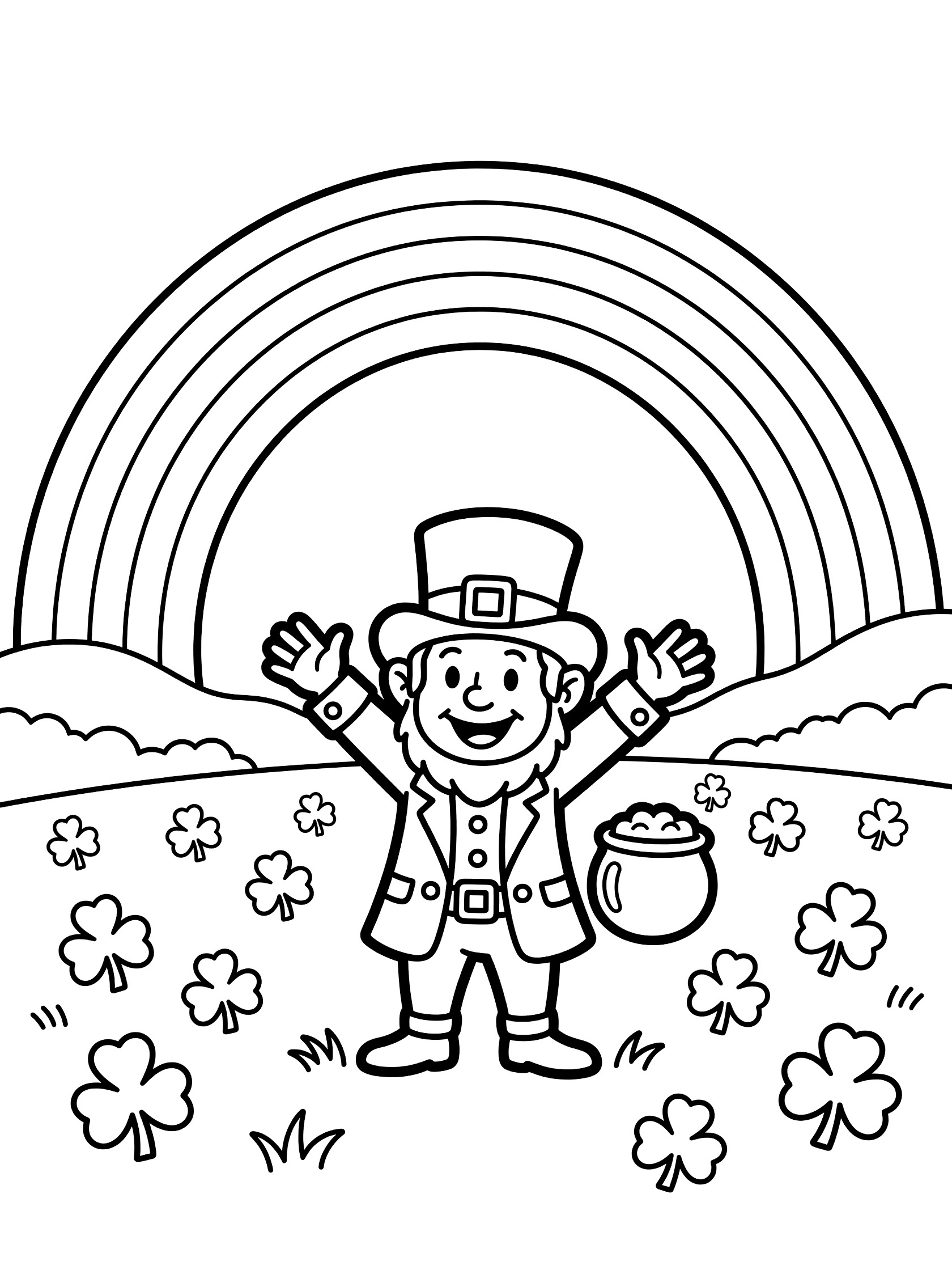 Black and white line art coloring page showing a smiling leprechaun in green clothes and tall hat holding a pot of gold under a large arched rainbow in a field with shamrocks