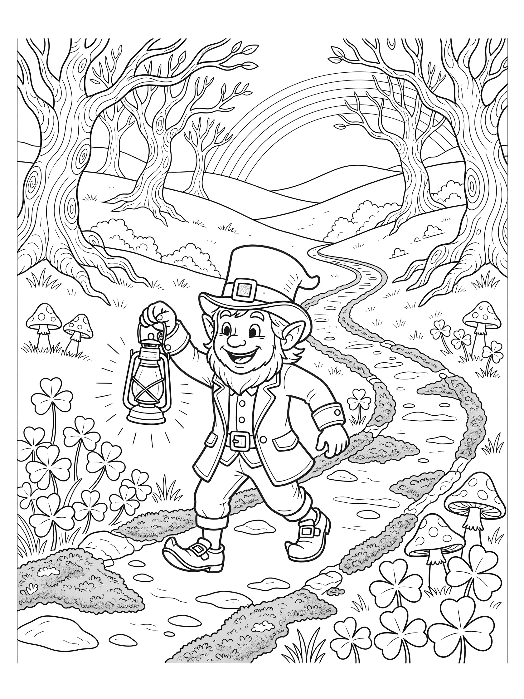 Black and white coloring page of a smiling leprechaun in green clothes holding a lantern, walking a mossy path with shamrocks, toadstools, twisted trees, hills, and rainbow in an enchanted glen.