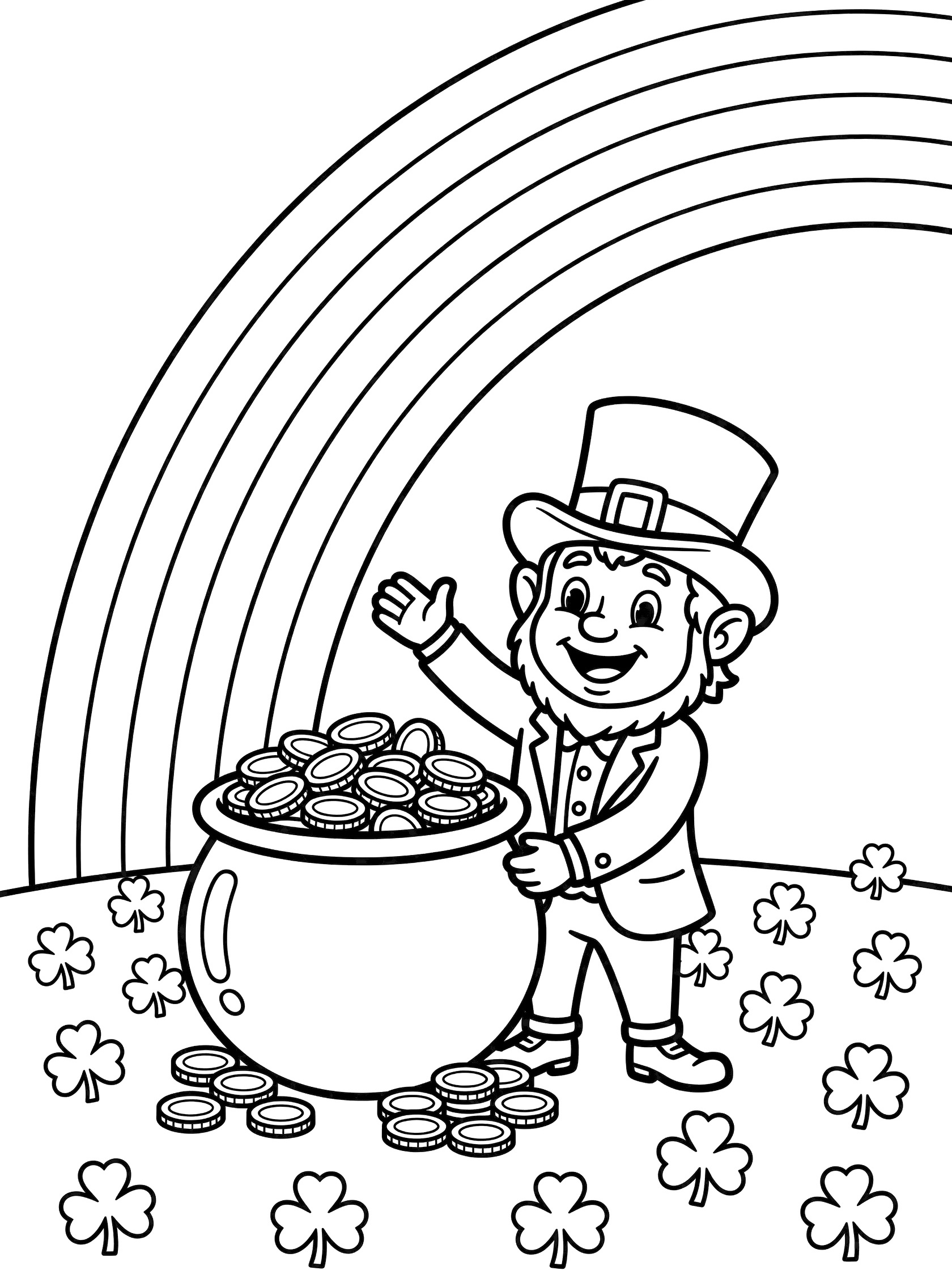 Black and white line art coloring page showing a smiling leprechaun with tall hat and green suit holding a large pot overflowing with gold coins next to a rainbow, surrounded by shamrocks on the ground.