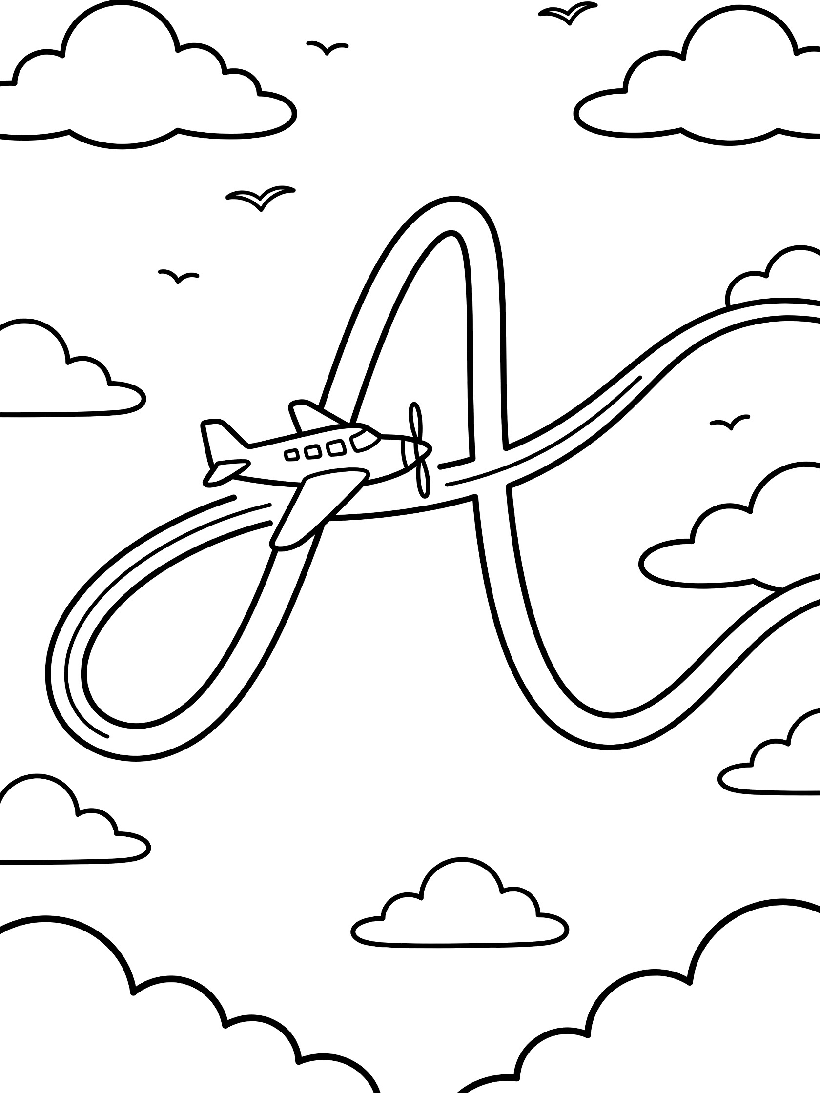 Printable coloring page showing a propeller airplane flying looping trails that form the Letter A high in a cloudy sky with fluffy clouds and distant birds.