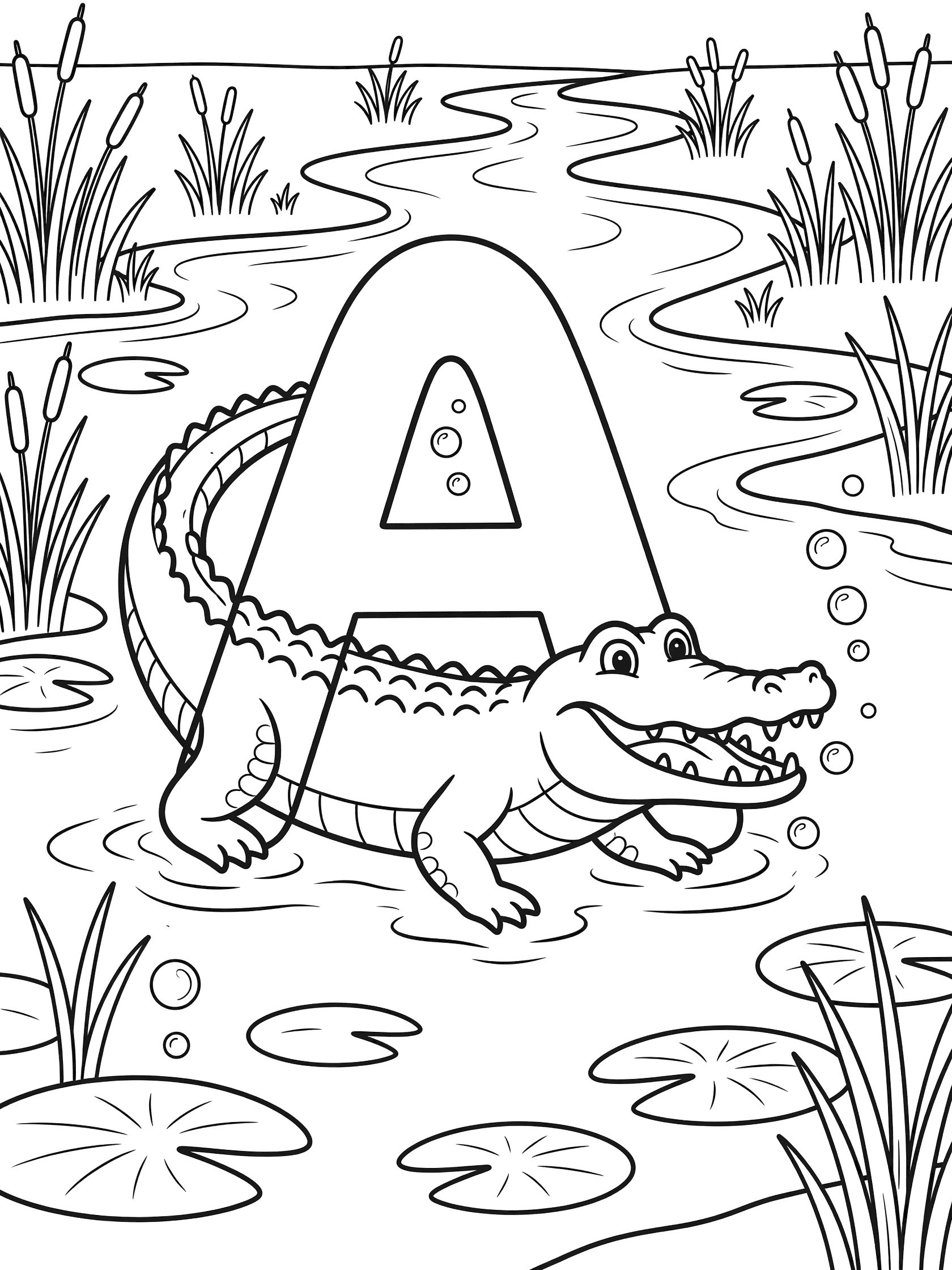 Printable coloring page showing alligator body and tail curving into Letter A, snapping jaws playfully in swamp water with reeds, lily pads, and bubbles.