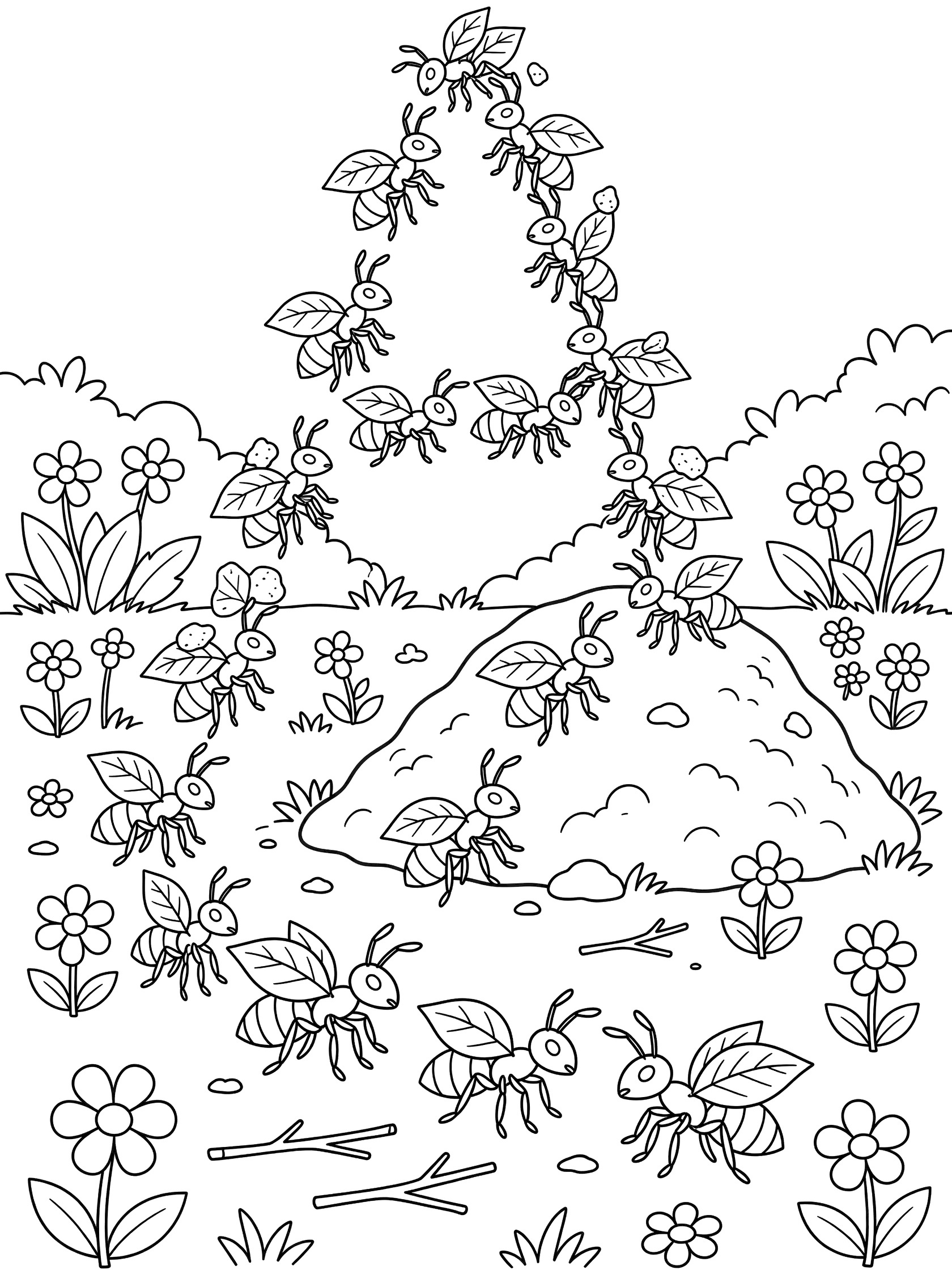 Black and white coloring page of Letter A formed by ants marching up an anthill, carrying leaves and crumbs, surrounded by flowers and twigs in a garden.