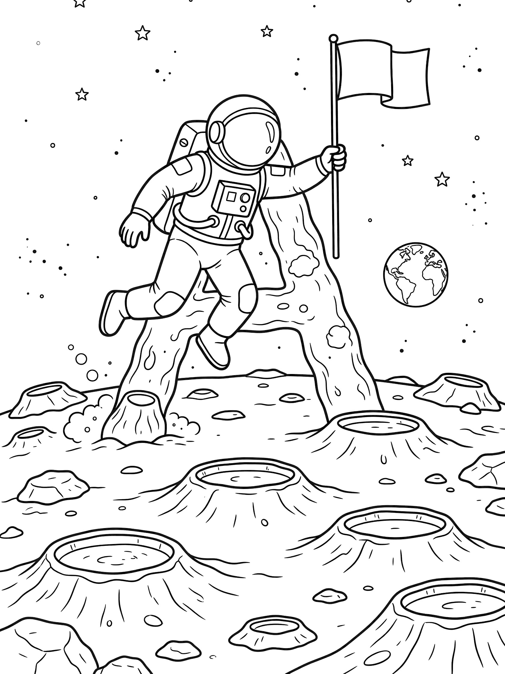 Black and white line art coloring page showing astronaut forming Letter A on moon with craters, flag, starry sky, distant Earth, and rocks.