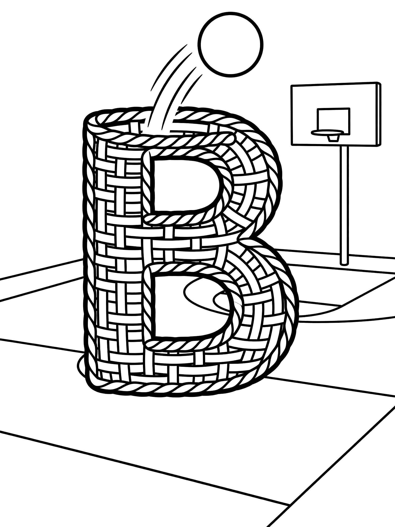 Black and white line art of capital Letter B as a basket catching a bouncing ball with motion lines on a playground basketball court next to a hoop