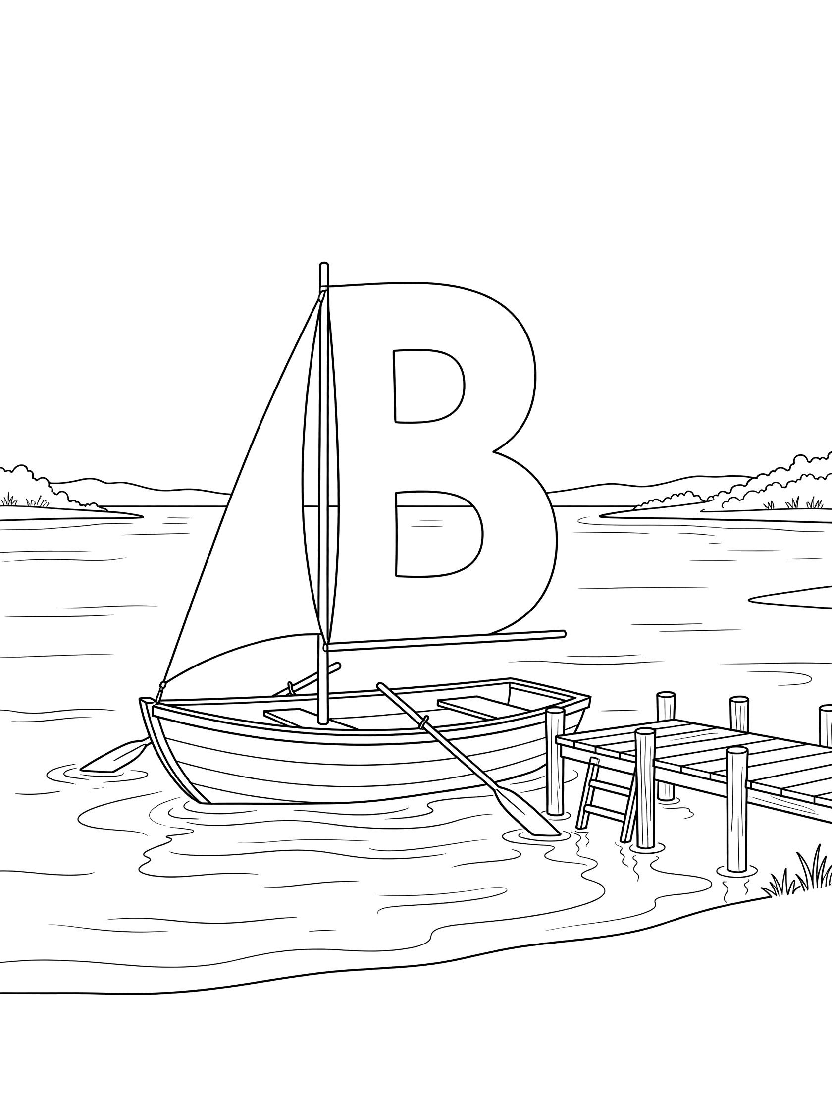 Black and white line art of Letter B shaped as sail on small wooden boat gliding on wavy lake water with oars and dock