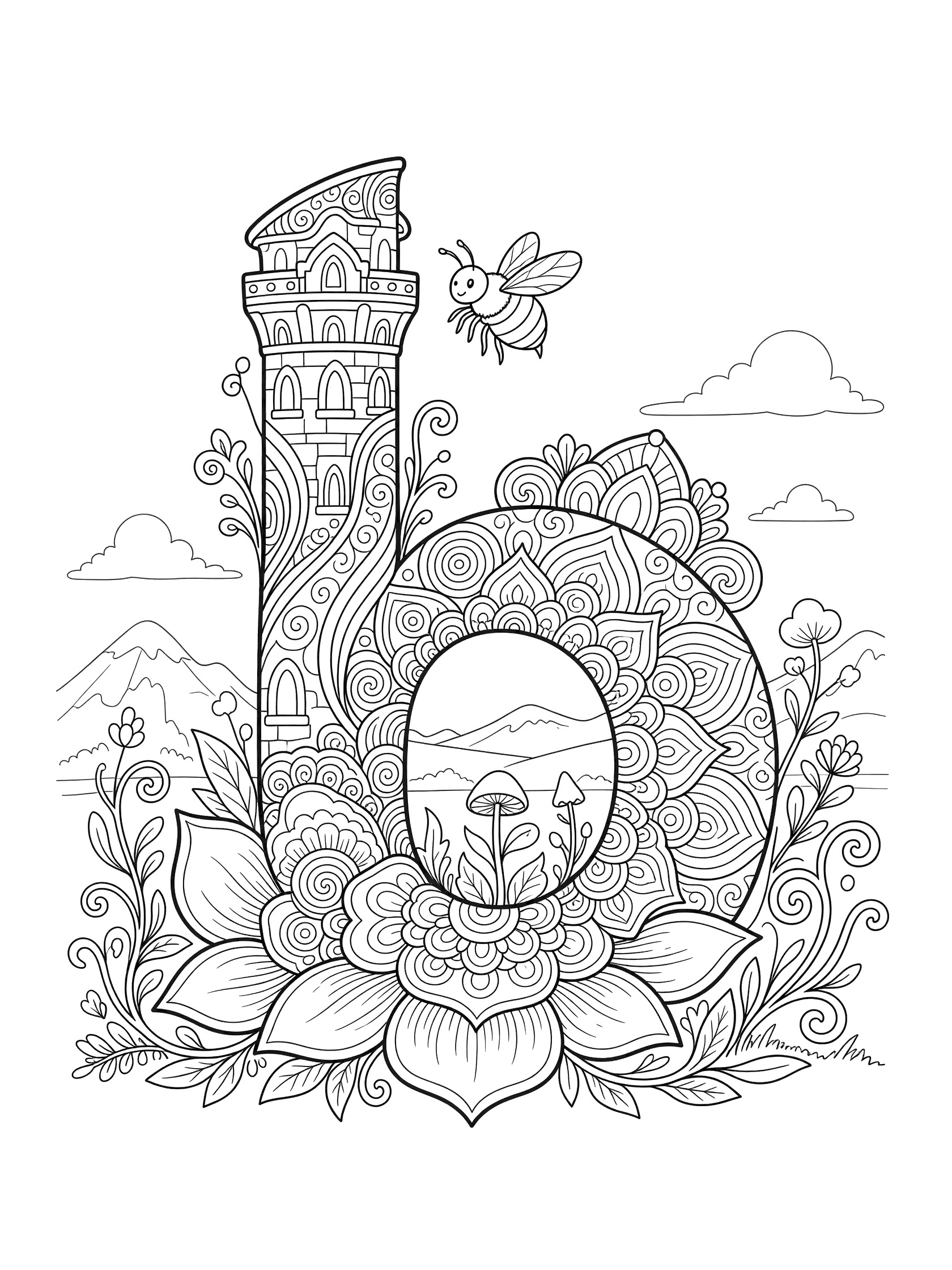 Letter B coloring page with bumble bee flying near a tall fantasy tower, mandala designs, flowers, mushroom, and mountain landscape.