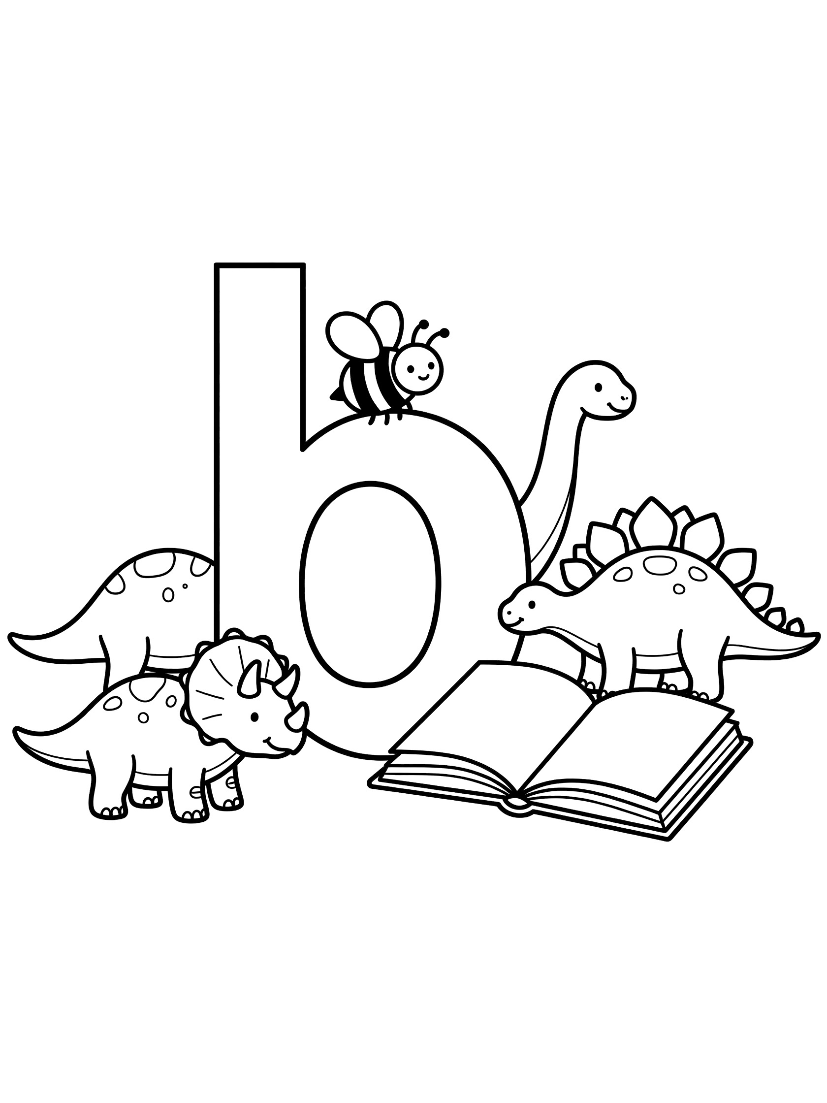 Letter B coloring page featuring a big bumble bee on the B, two friendly dinosaurs, and an open book, all with bold black outlines for easy coloring.