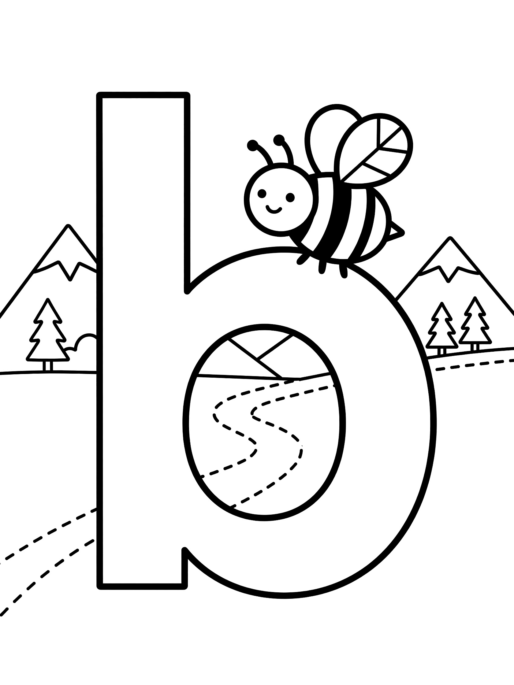 Black and white line art coloring page showing big letter B with happy bumble bee on top, pine trees, mountains, and curvy path in background. letter b with bumble bee themed black and white printable line art