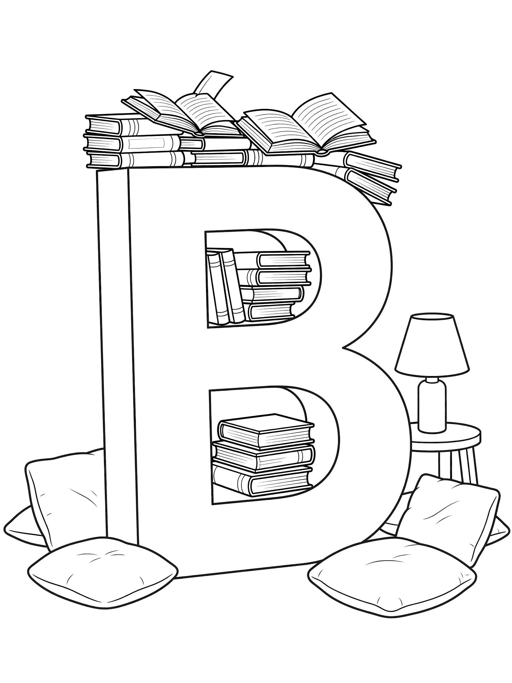 Printable coloring page showing capital Letter B like a shelf with stacked books, open books, lamp, cushions, and table on white background