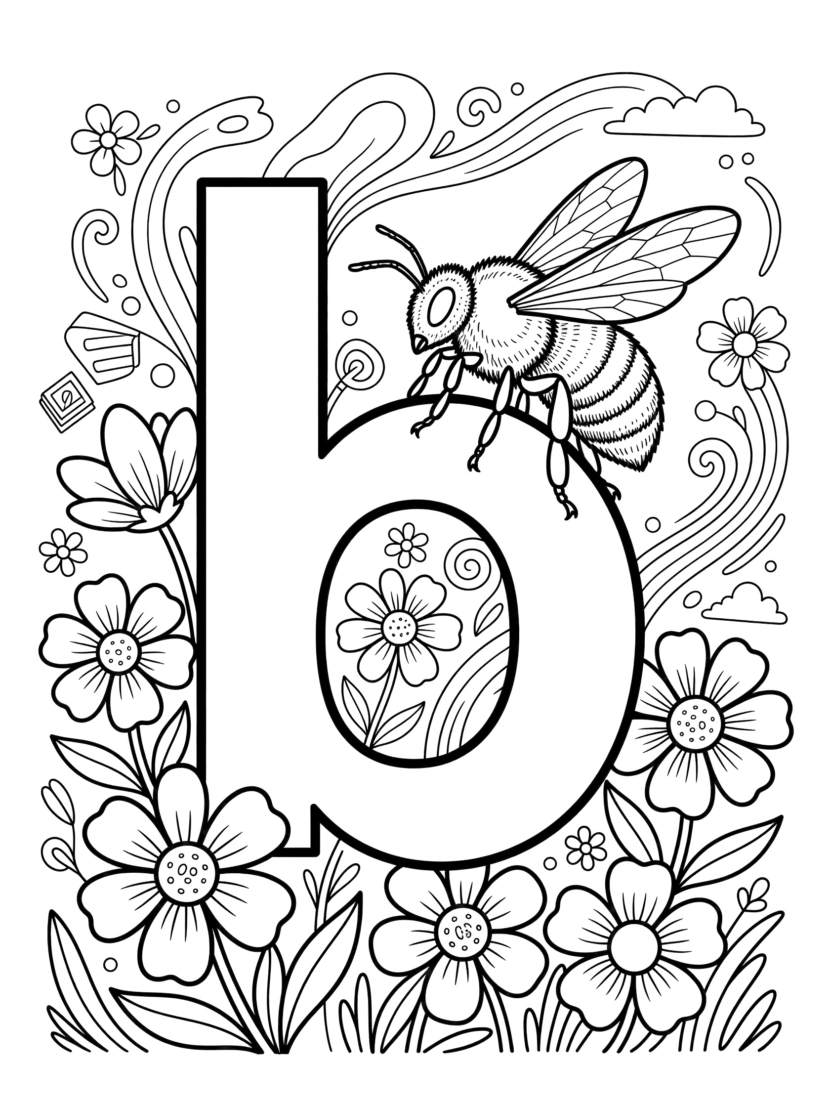 Detailed coloring page showing letter B with bumble bee flying around, surrounded by flowers, swirls, and clouds for tween alphabet learning.