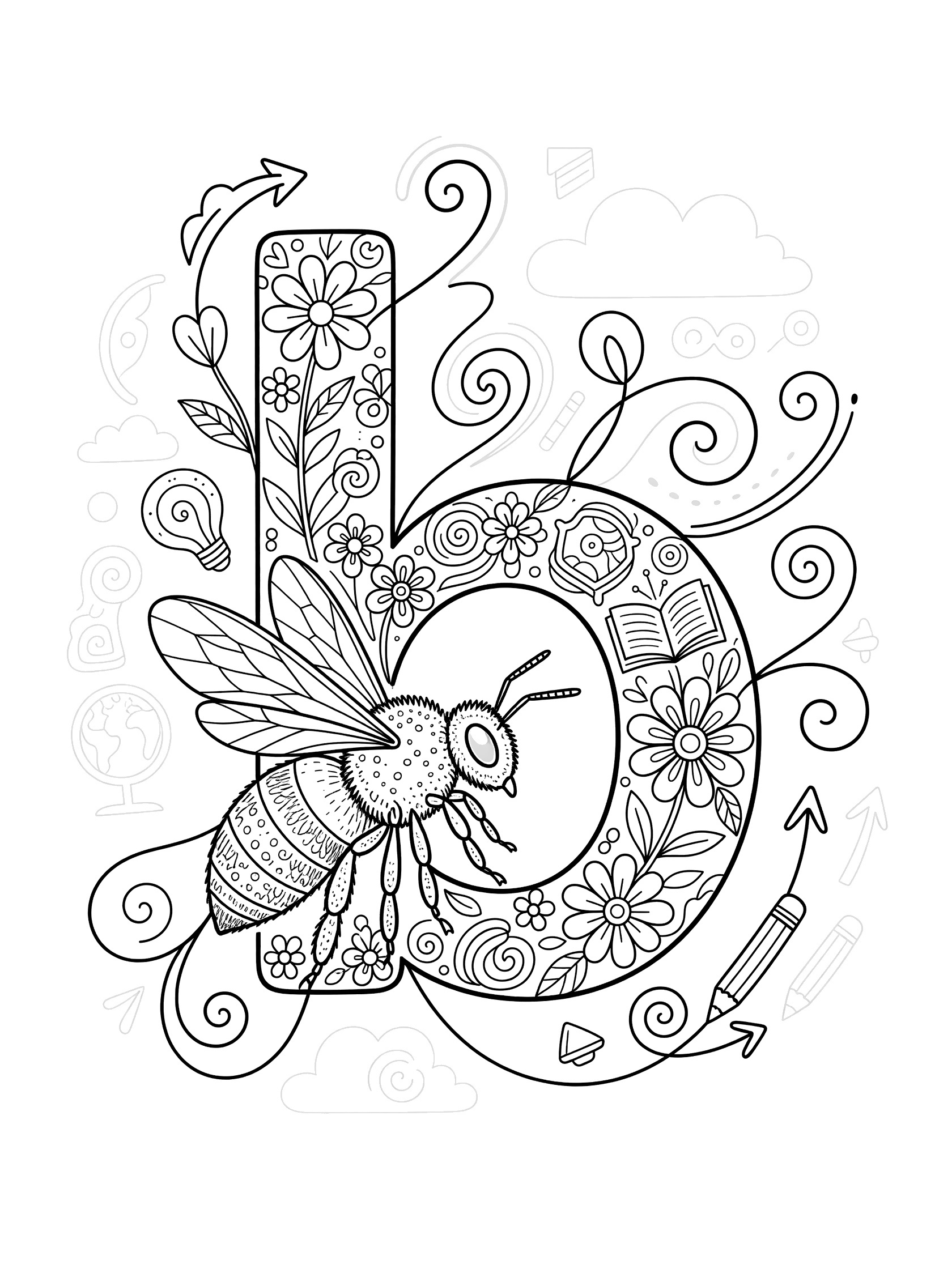 Detailed coloring page showing letter B with bumble bee flying around, surrounded by flowers, vines, clouds and pencils.