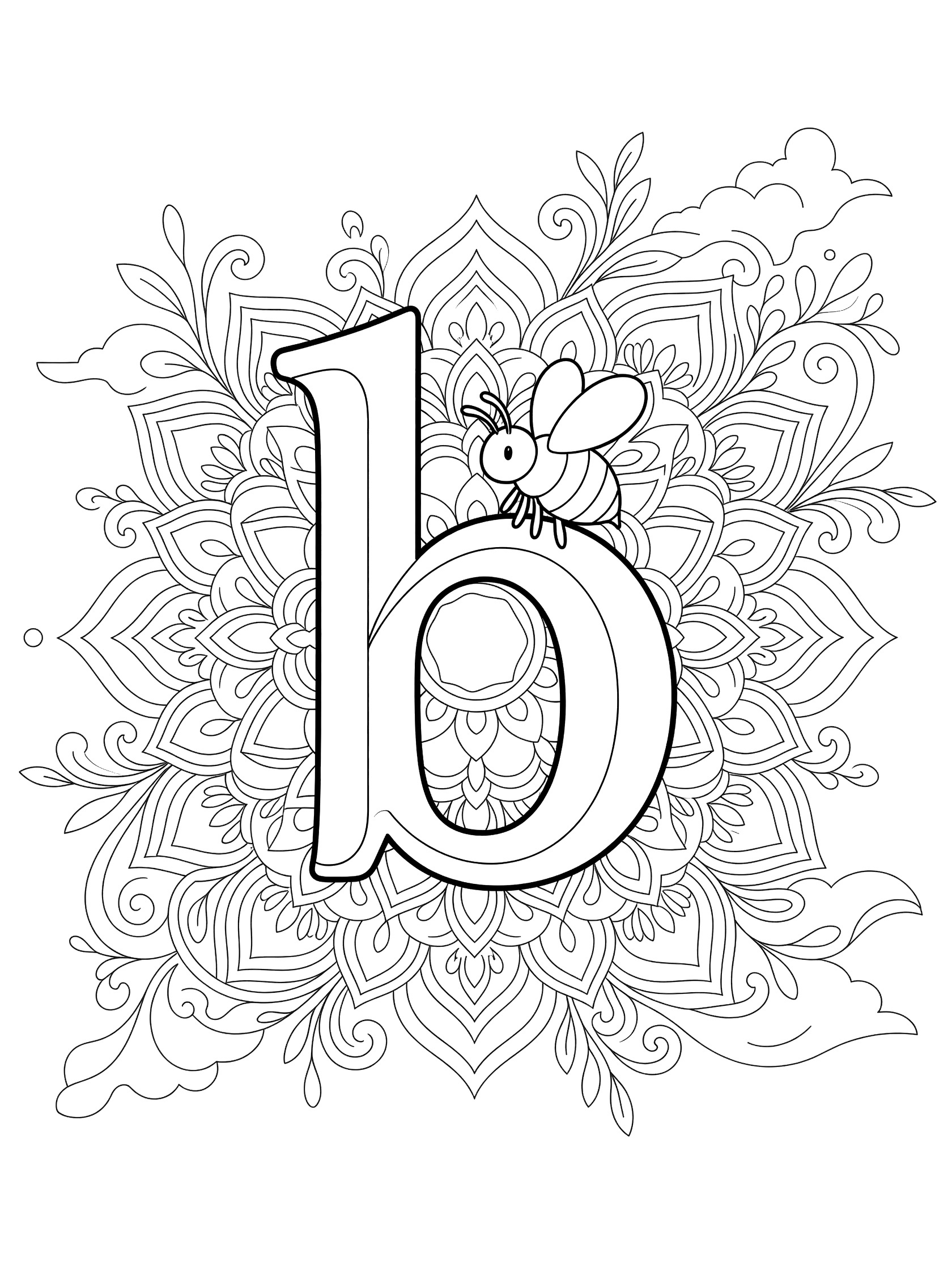 Black and white printable coloring page of letter b with bumble bee in a mandala style design