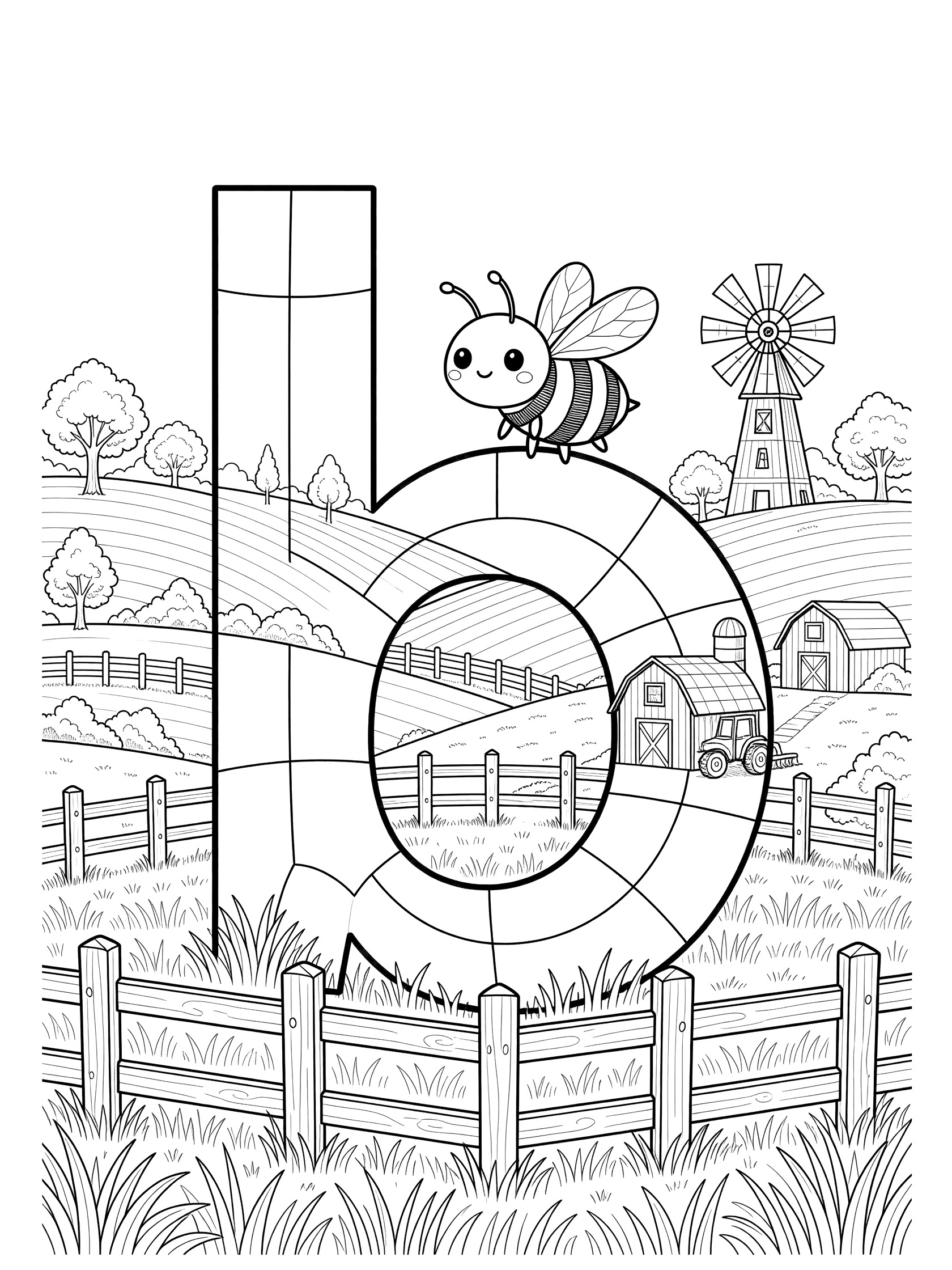 Printable coloring page showing big letter B with kawaii bumble bee, farm scene with barn, windmill, trees, fences, and rolling hills.