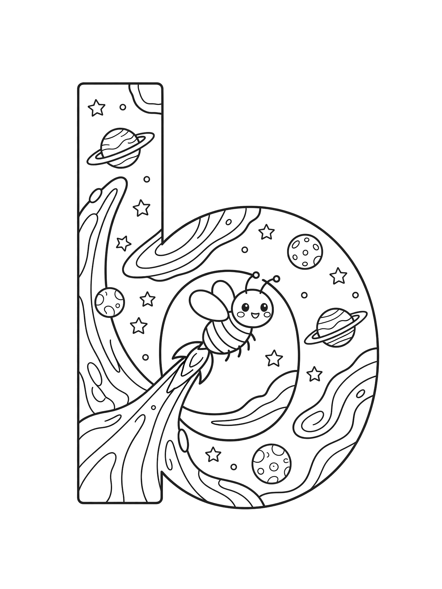 Printable coloring page showing big letter B with cute bumble bee in space, surrounded by planets and stars.