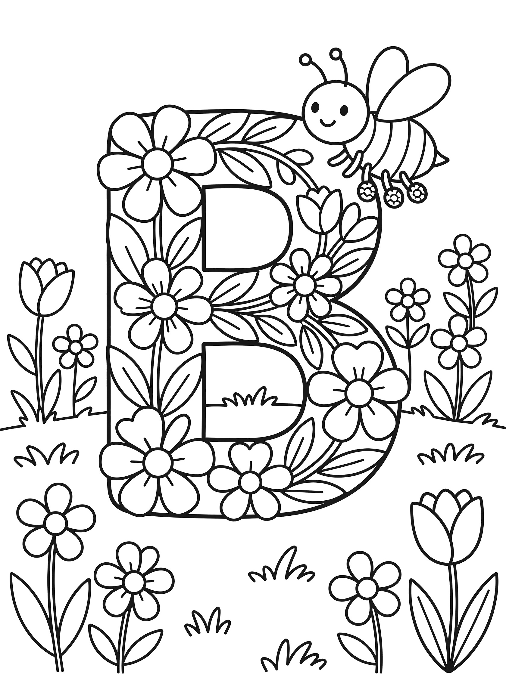 Printable coloring page showing large Letter B formed by flowers, friendly bee with pollen near flowers and tulips in a sunny garden