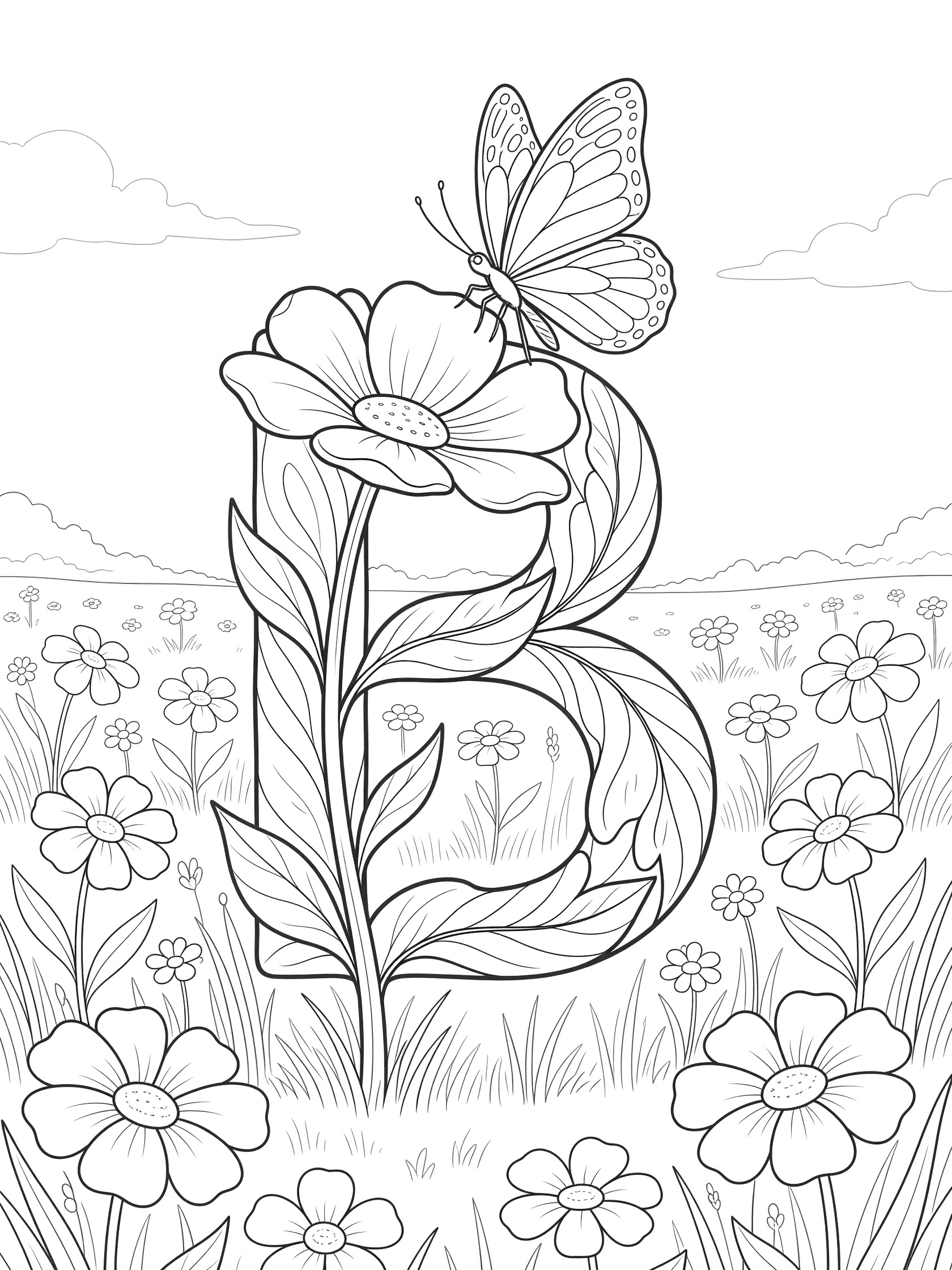 Black and white line art of capital Letter B as a flower stem, butterfly landing on a flower at the top, surrounded by field flowers under a sky