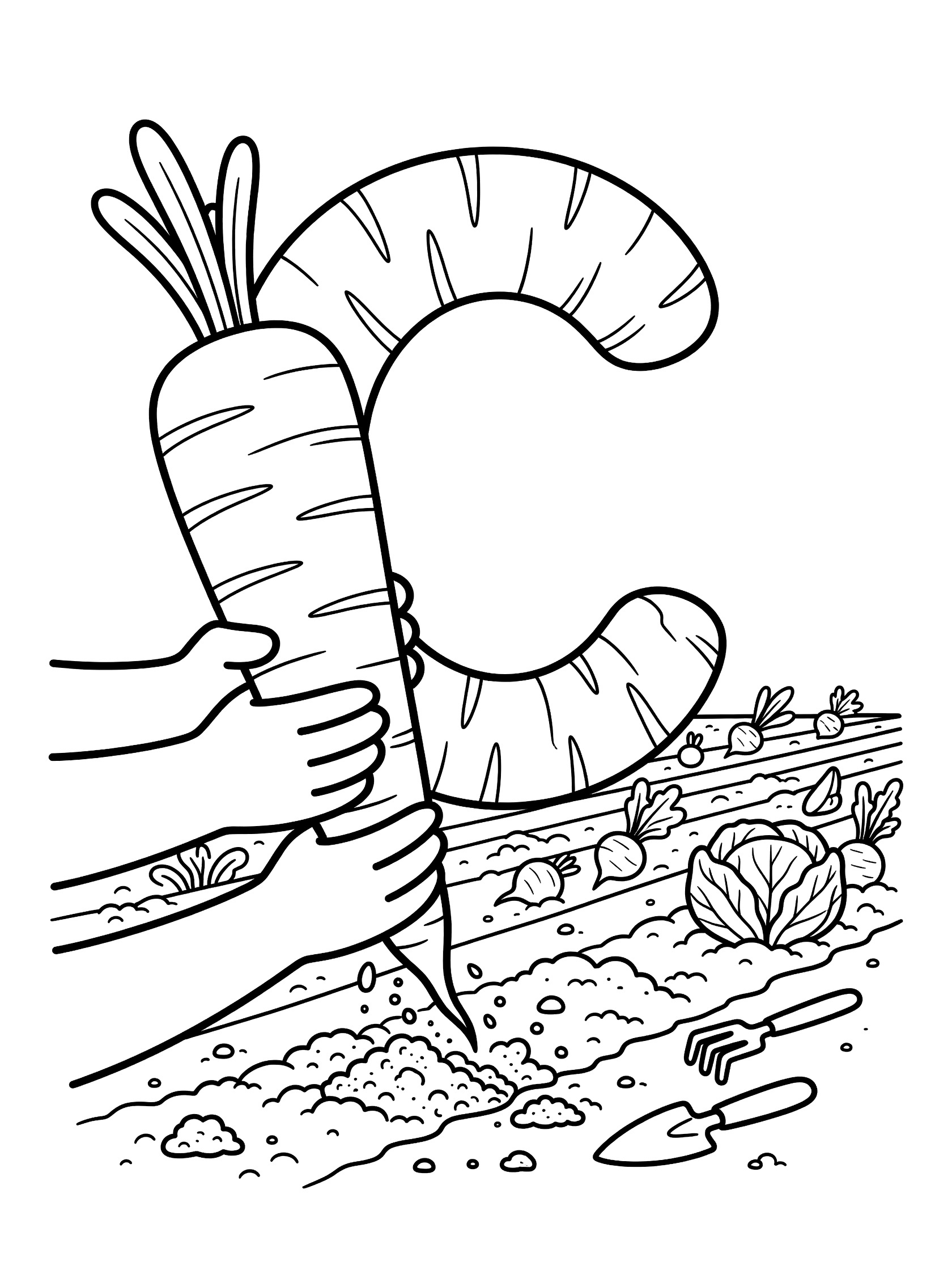 Letter C as a big carrot being pulled from the garden soil by hands, with cabbage and dirt clods in a simple veggie garden line art.