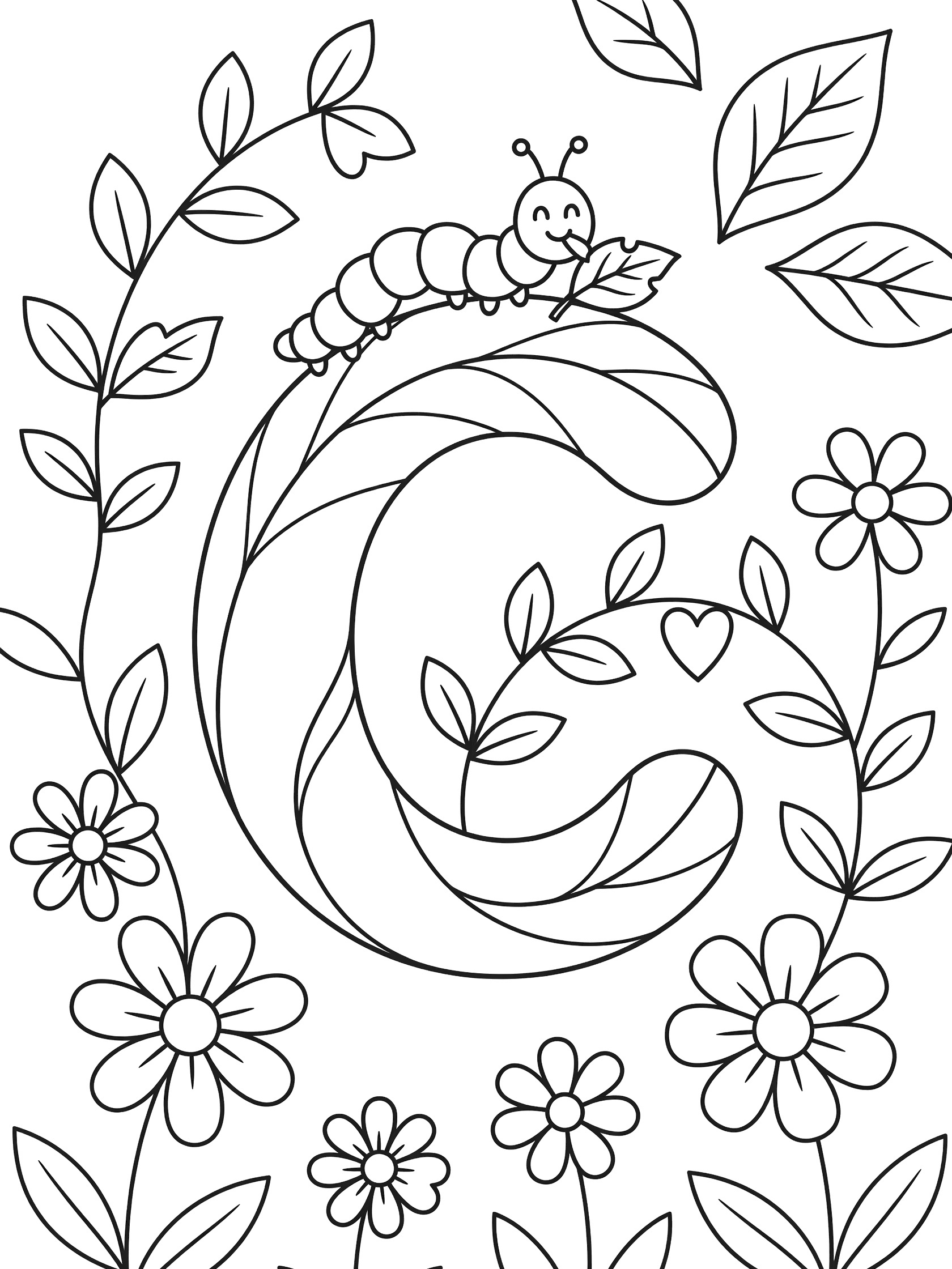 Printable Letter C coloring page featuring a stylized curved leaf C with a smiling caterpillar on the edge, surrounded by vines, small leaves, and simple flowers.