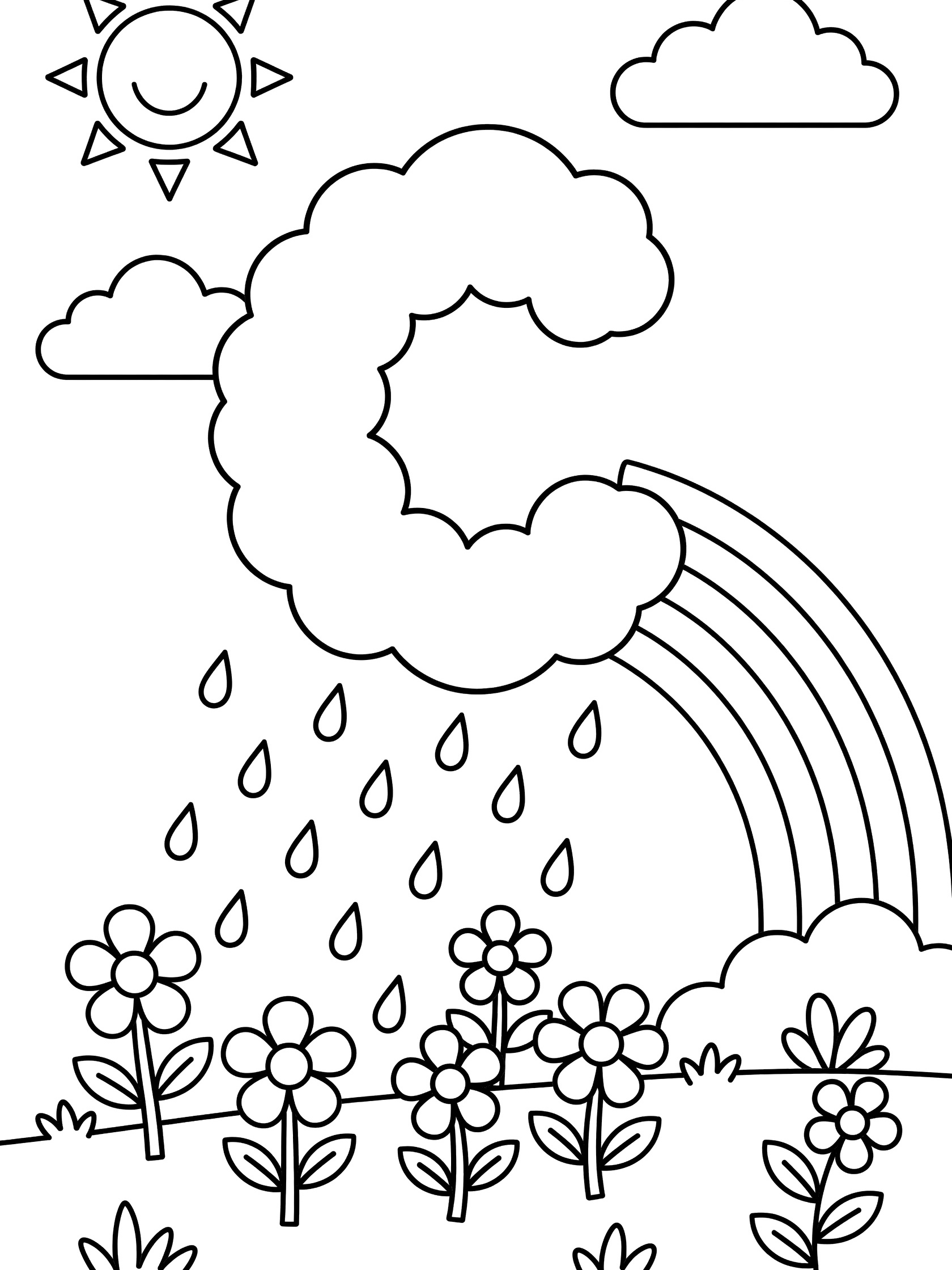 Black and white line art coloring page showing fluffy Letter C cloud in sunny sky raining on flowers below with rainbow arc, extra clouds, sun, and simple ground plants.