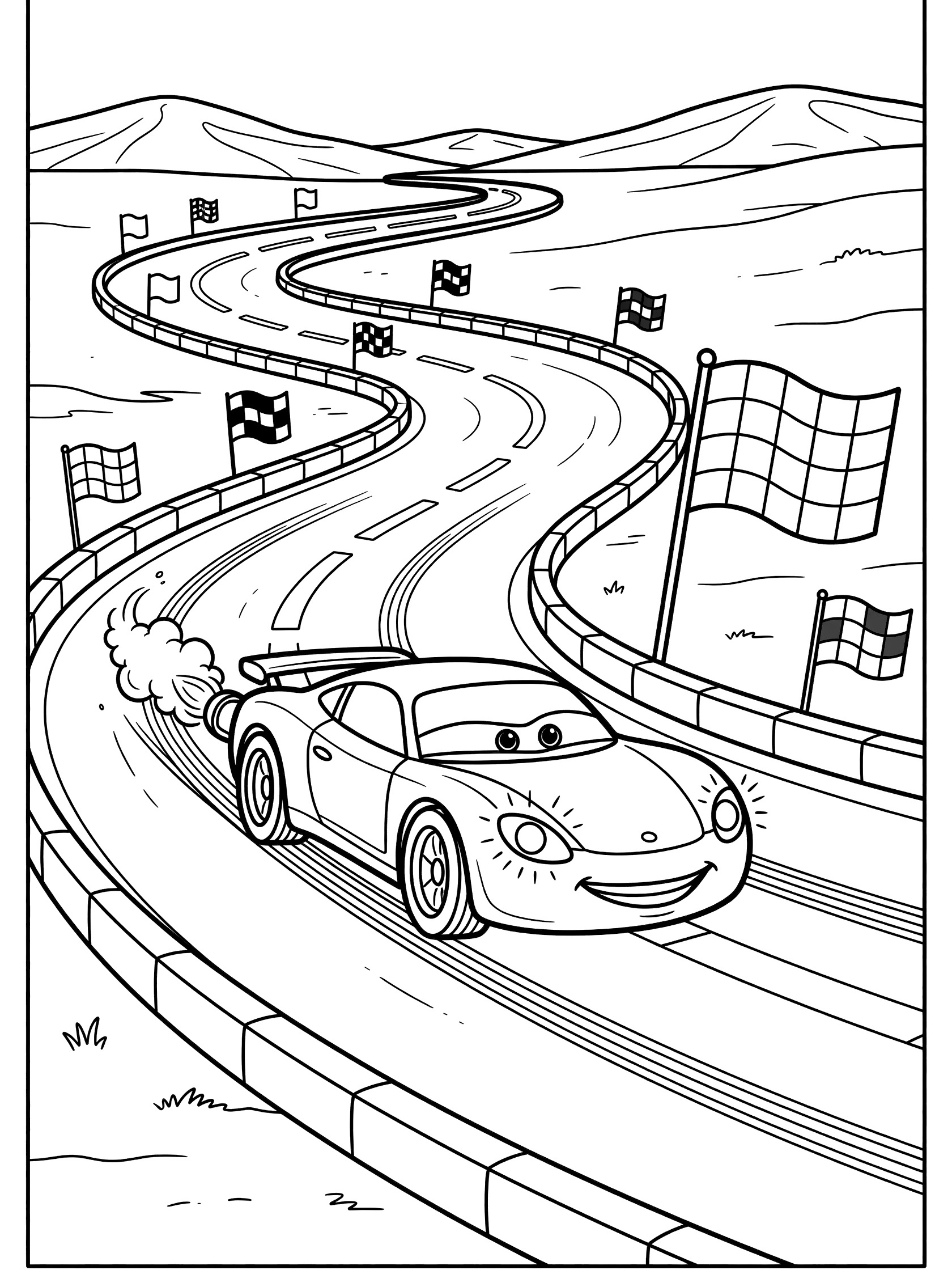 Cute letter C race car with big eyes speeding on a curvy road, checkered flags, exhaust puff, headlights, barriers, and distant hills in clean line art.