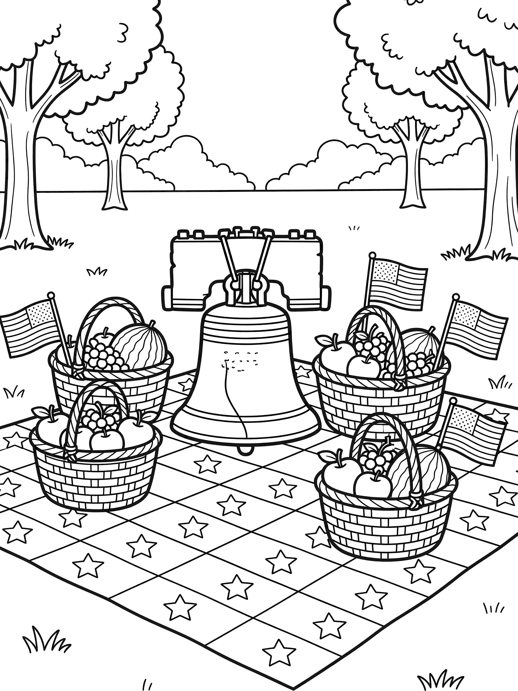 Black-and-white coloring page of the Liberty Bell surrounded by picnic baskets with apples and watermelons, American flags, trees, and a star-patterned picnic blanket in a park for 4th of July.