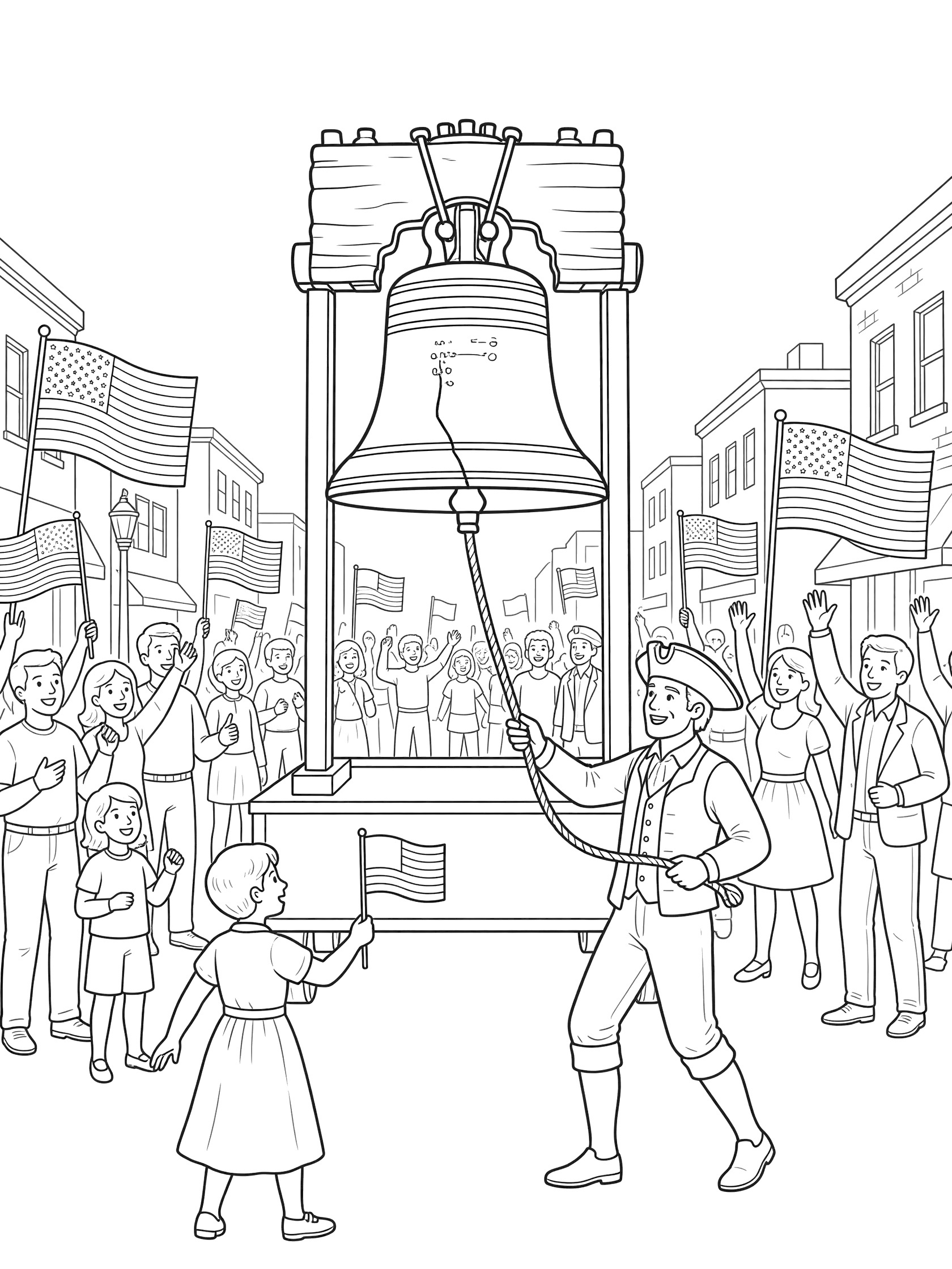 Black-and-white coloring page of the Liberty Bell hanging from a wooden frame on a wagon in a 4th of July parade, with people pulling a rope, waving flags, and cheering crowds.