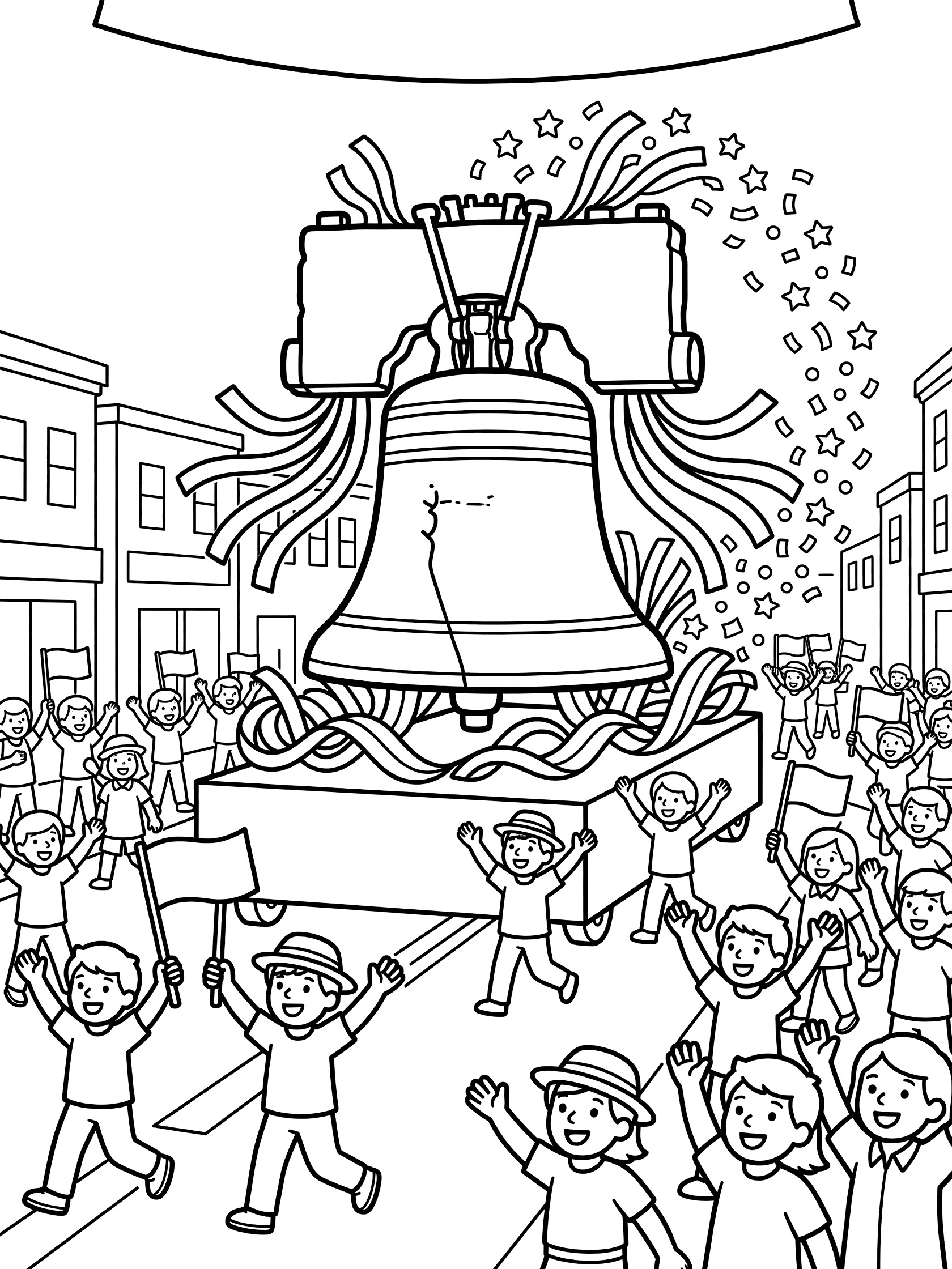Black and white coloring page of a Liberty Bell parade float moving through a 4th of July parade with streamers confetti and cheering crowds.
